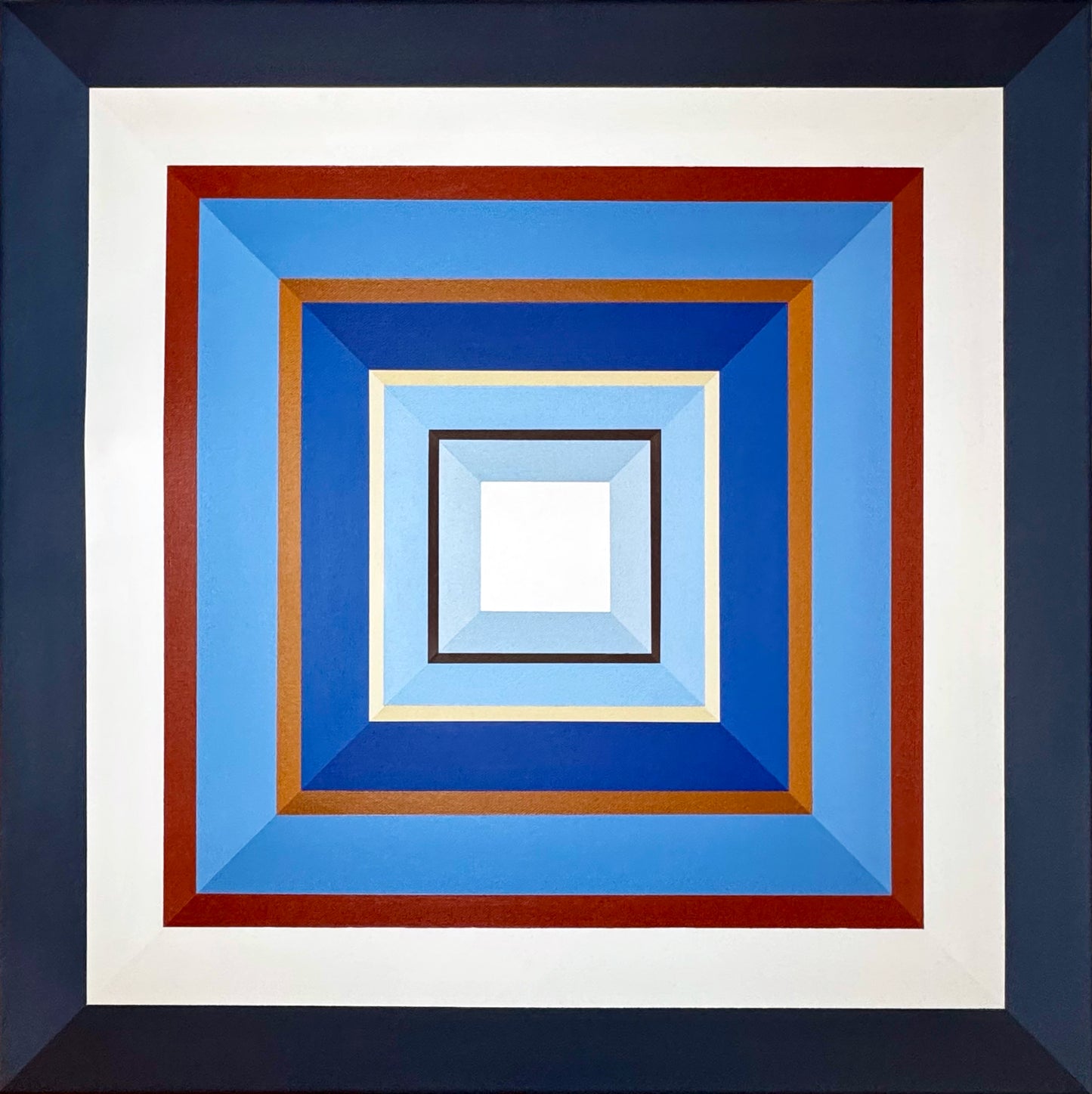 'Denim' by Elena Alexander - Hard edge abstract painting featuring concentric squares in flat colors. The geometric composition moves from a deep navy border through crisp white, rusty red, sky blue, copper, royal blue, and pale blue, leading to a white center square with dark brown frame. This contemporary wall art demonstrates masterful hard edge painting technique with sharp, clean lines and perfectly flat color application.