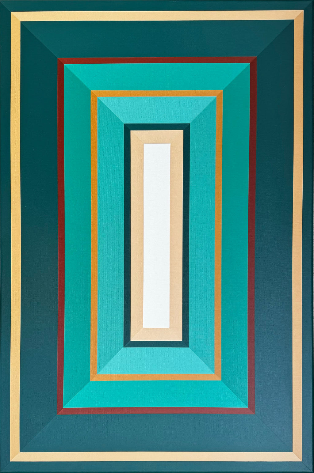Hard-edge geometric abstract painting ‘Emerald Whispers’ by Elena Alexander, layered rectangles in emerald green, teal, gold, and burgundy with a white center, acrylic on canvas.