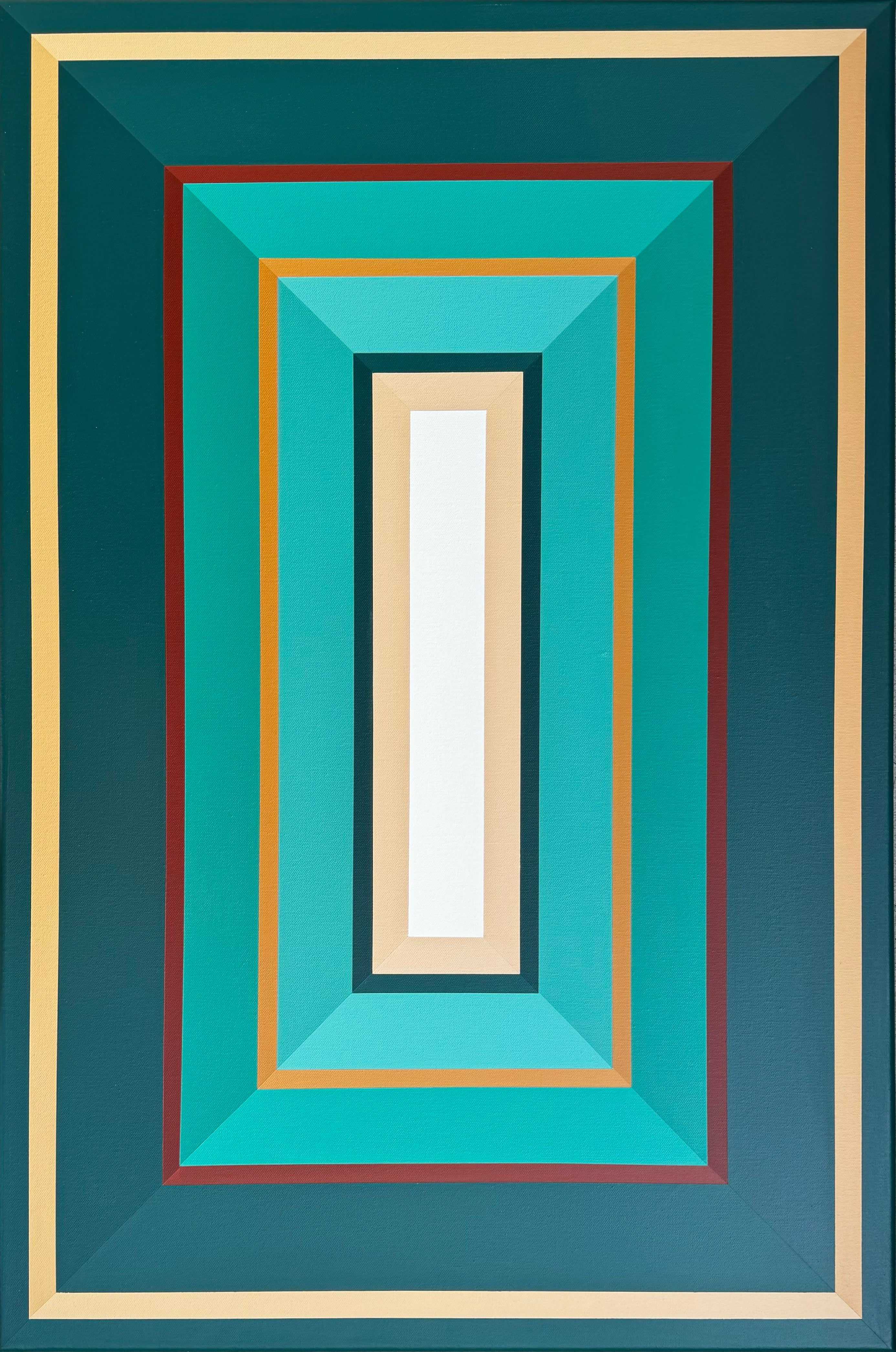 Hard-edge geometric abstract painting ‘Emerald Whispers’ by Elena Alexander, layered rectangles in emerald green, teal, gold, and burgundy with a white center, acrylic on canvas.
