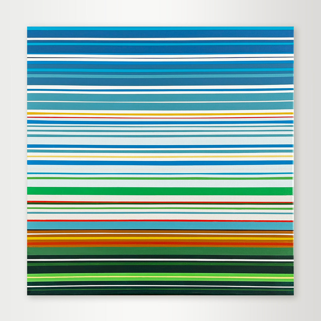 "Fieldsight" - A hard-edge geometric abstract landscape by Elena Alexander, featuring thin horizontal stripes in serene shades of green, blue, and earth tones that suggest an open field.