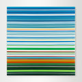 "Fieldsight" - A hard-edge geometric abstract landscape by Elena Alexander, featuring thin horizontal stripes in serene shades of green, blue, and earth tones that suggest an open field.
