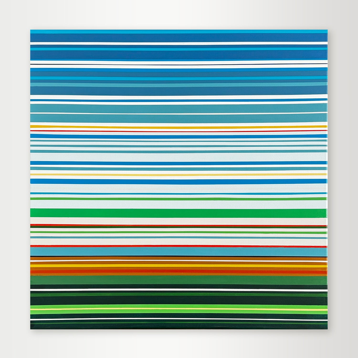 "Fieldsight" - A hard-edge geometric abstract landscape by Elena Alexander, featuring thin horizontal stripes in serene shades of green, blue, and earth tones that suggest an open field.