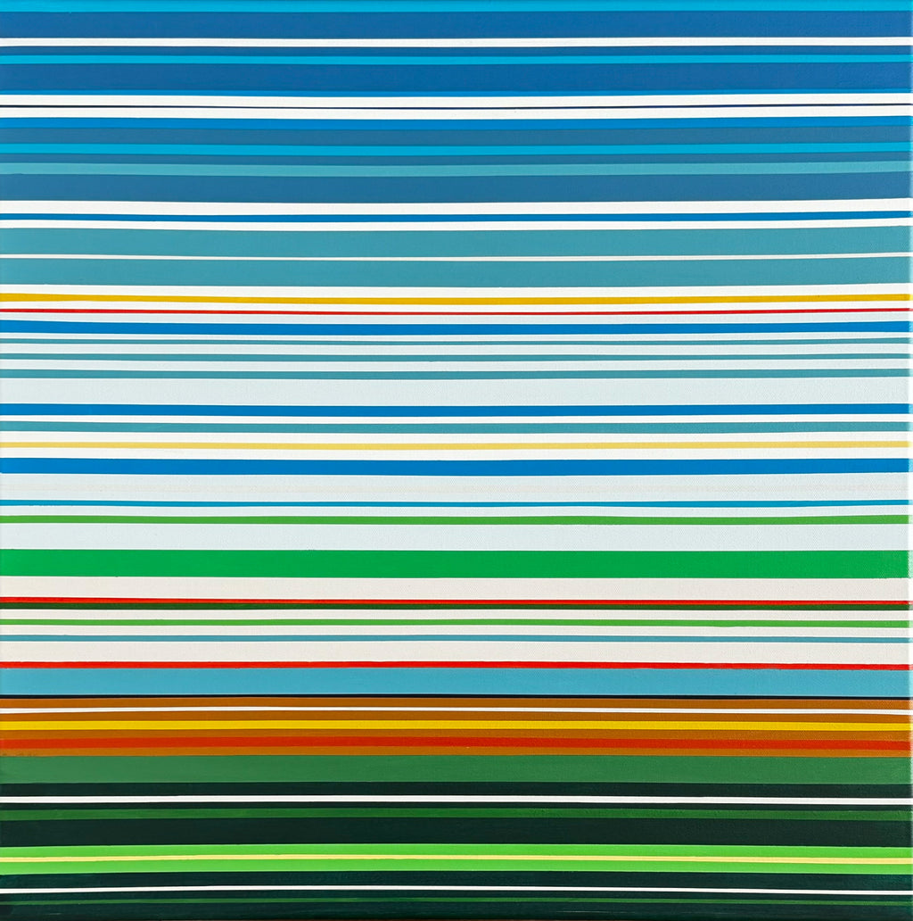 hard-edge geometric abstract painting ‘Fieldsight’ by Elena Alexander, horizontal bands of blue, green, white, yellow, and earthy tones layered across the canvas, acrylic on canvas