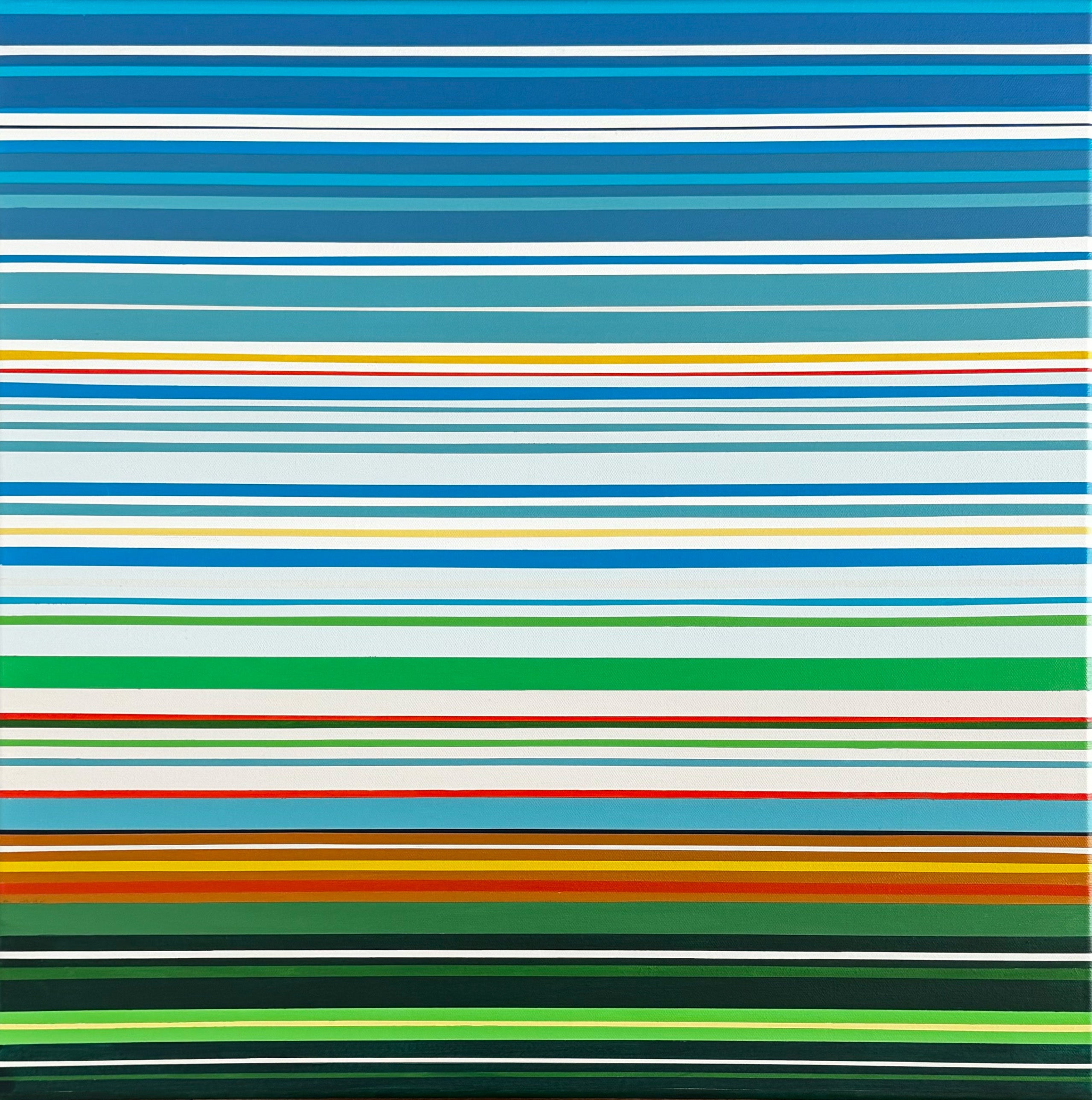 hard-edge geometric abstract painting ‘Fieldsight’ by Elena Alexander, horizontal bands of blue, green, white, yellow, and earthy tones layered across the canvas, acrylic on canvas