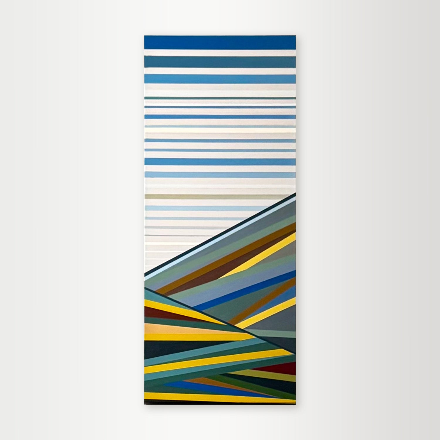 "Foothills" - A hard-edge geometric abstract landscape by Calgary artist Elena Alexander, featuring diagonal stripes of blue, green, and gold that evoke rolling hills.