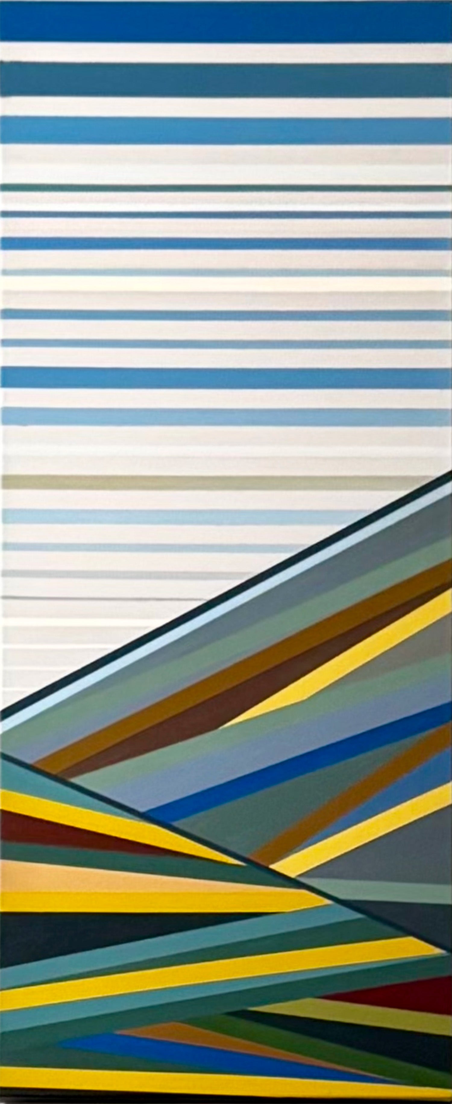 A full, detailed view of the "Foothills" painting, showcasing the clean lines and vibrant color palette of its modern, geometric interpretation of a landscape.