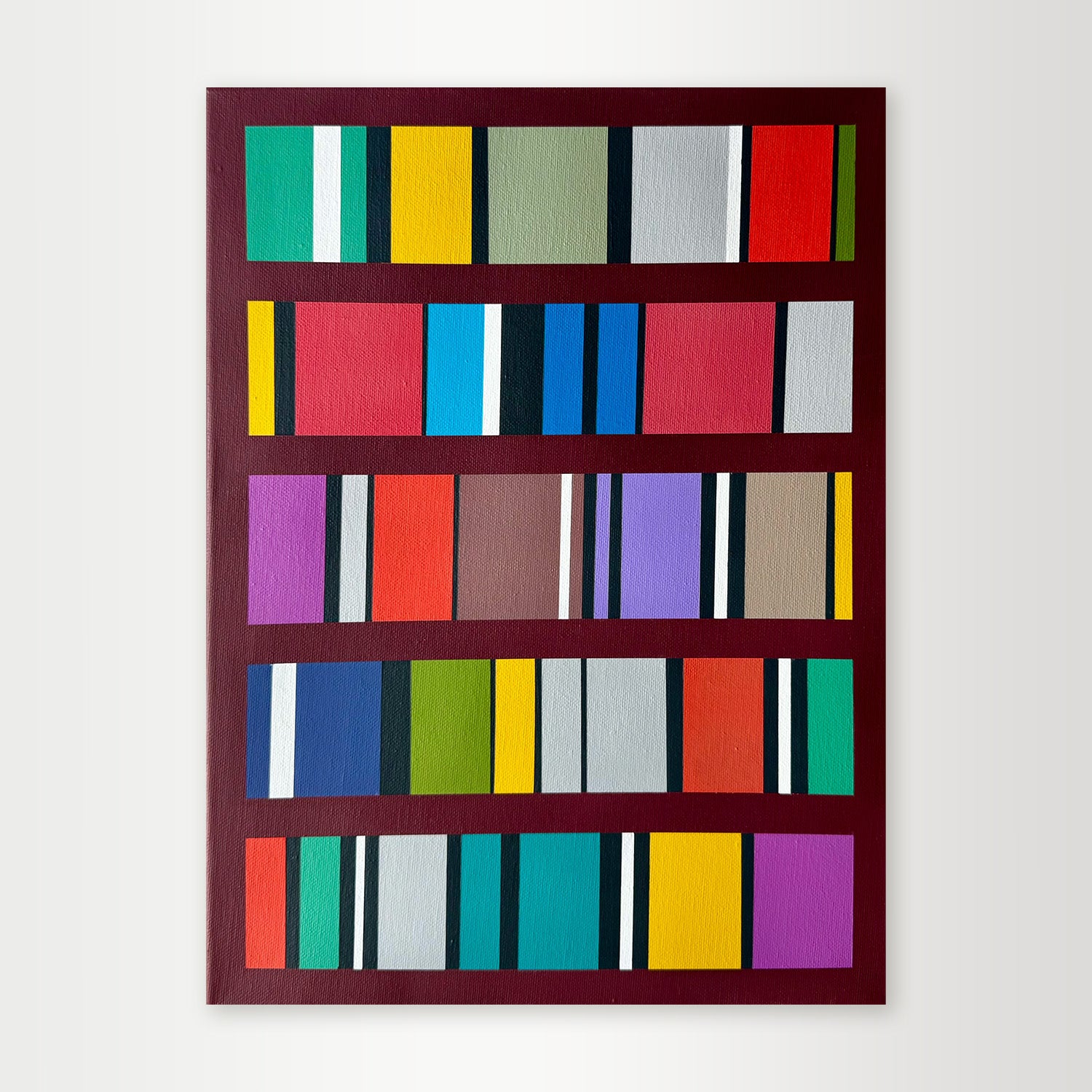 A detailed studio photograph of the "Frequency" painting, highlighting its rich, multi-colored palette and unique composition reminiscent of a library of books.