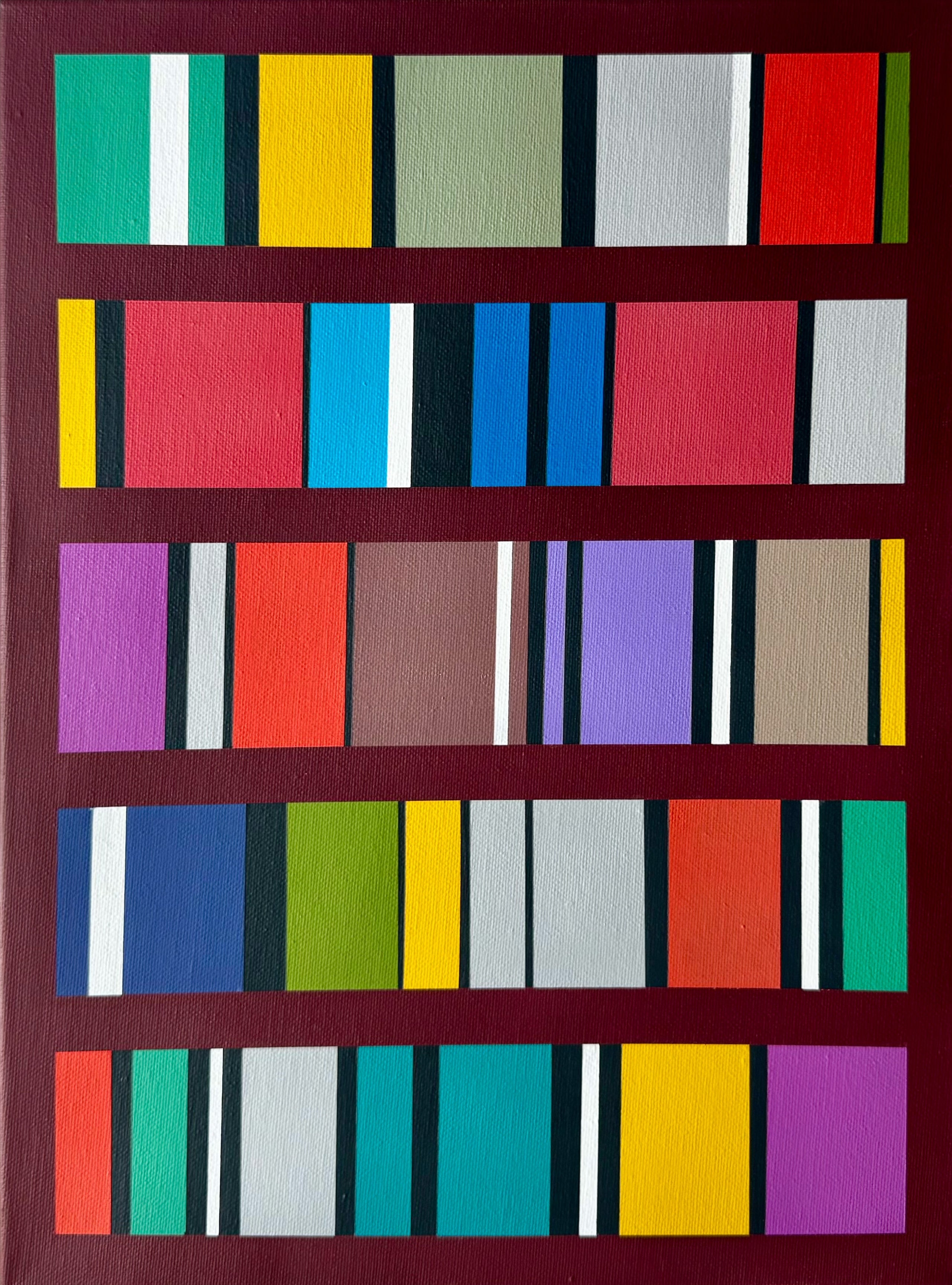  A full, straight-on view of the "Frequency" abstract, showcasing the rhythmic pattern of its colorful vertical blocks within a deep red frame.