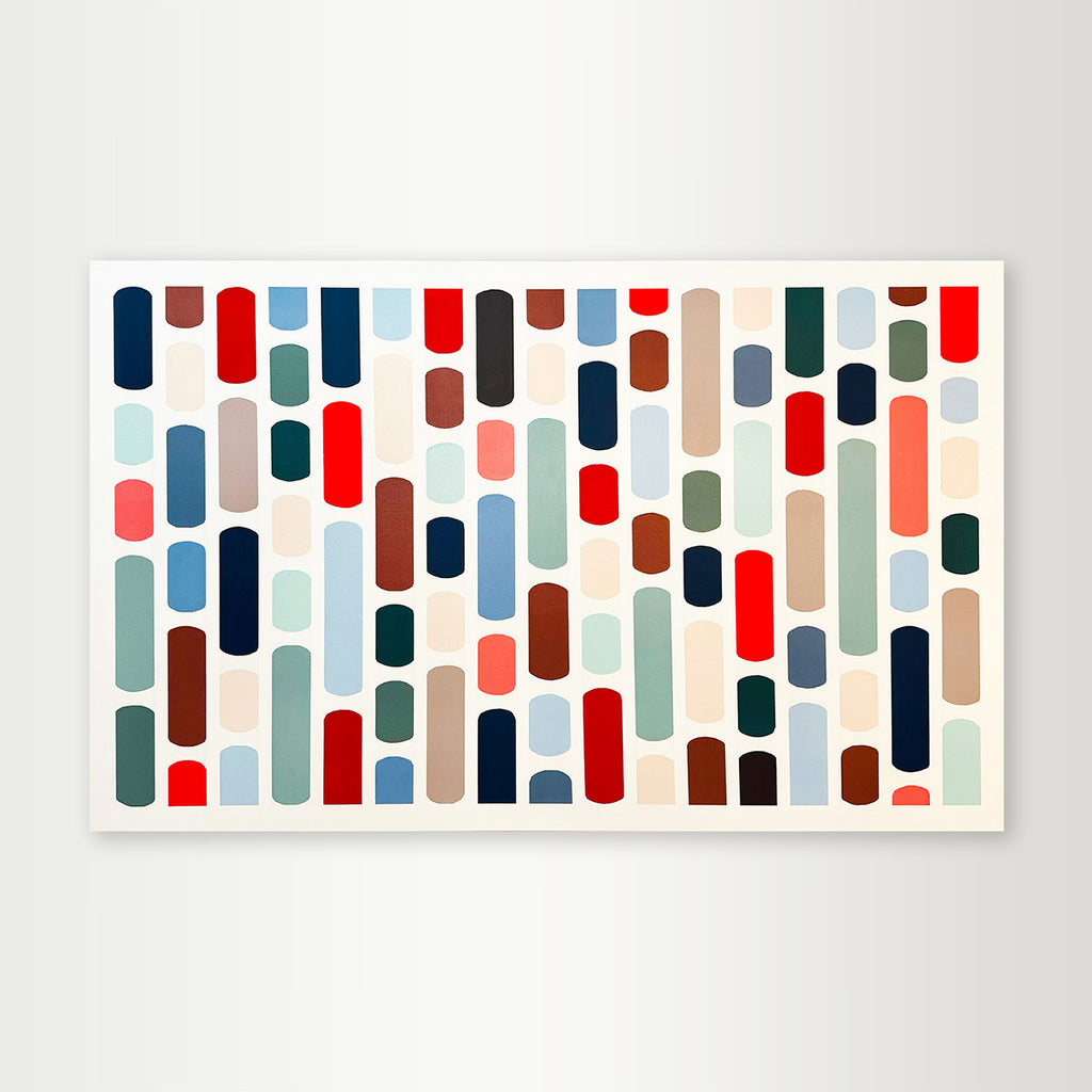 Painting by Elena Alexander, geometric abstract in orange, sage, mint, beige, blue, and brown on off white background, acrylic on canvas, titled Happy Moments.