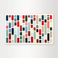Painting by Elena Alexander, geometric abstract in orange, sage, mint, beige, blue, and brown on off white background, acrylic on canvas, titled Happy Moments.