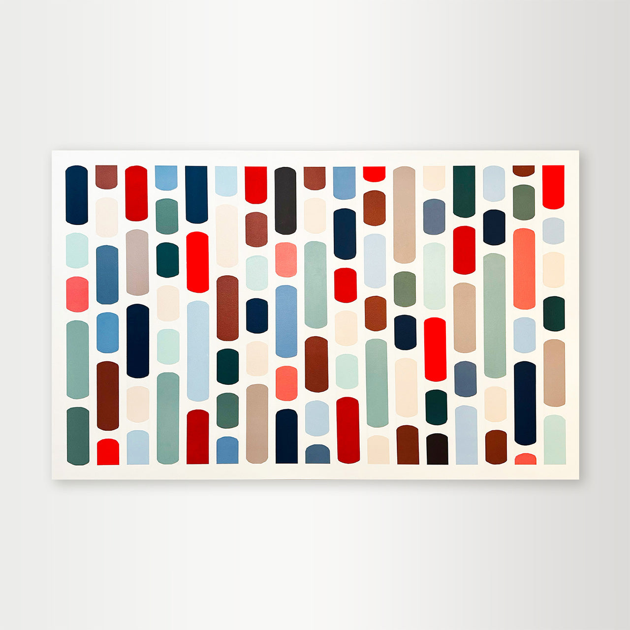 Painting by Elena Alexander, geometric abstract in orange, sage, mint, beige, blue, and brown on off white background, acrylic on canvas, titled Happy Moments.