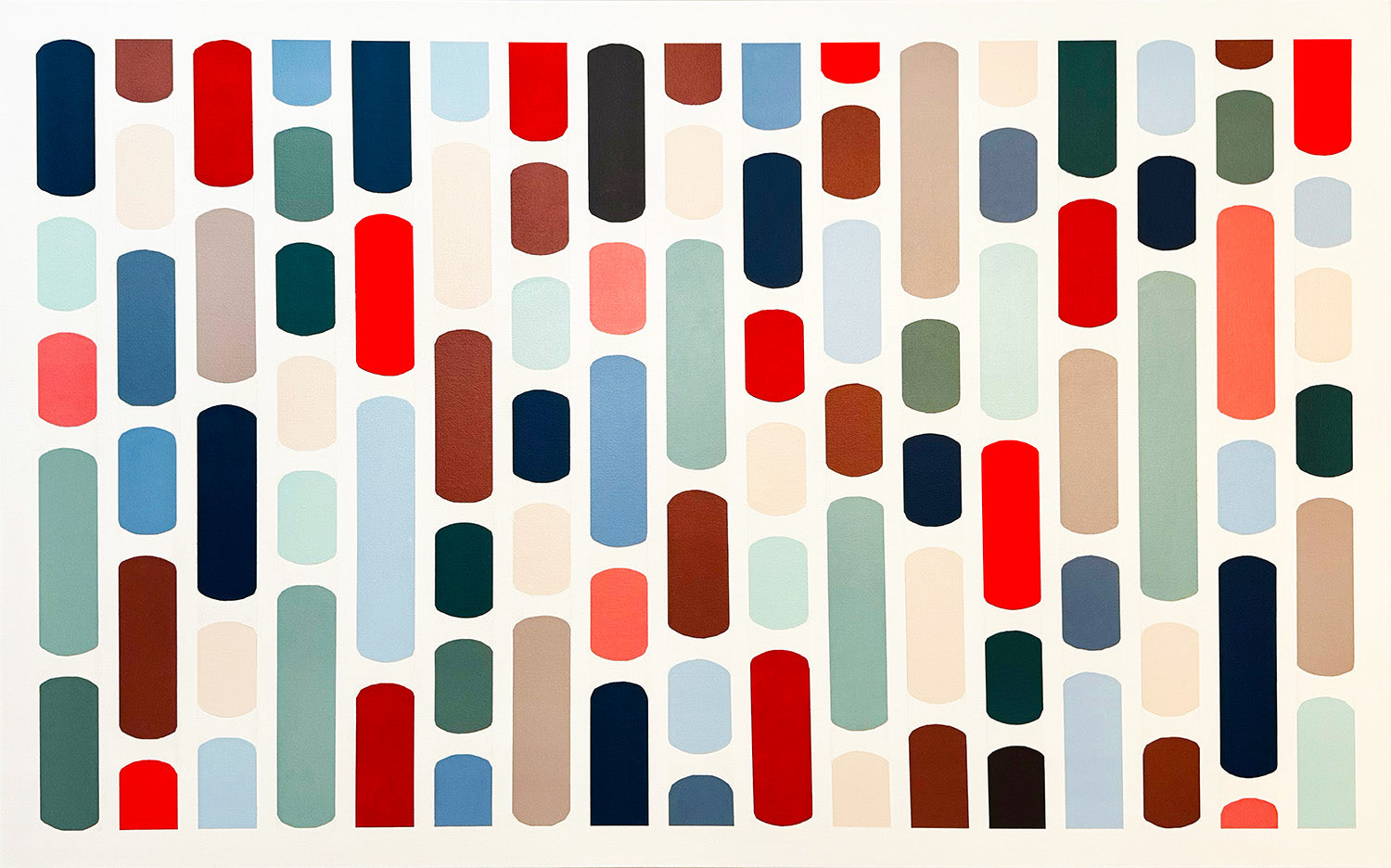 Geometric abstract painting in orange, sage, mint, beige, blue, and brown on off white background.