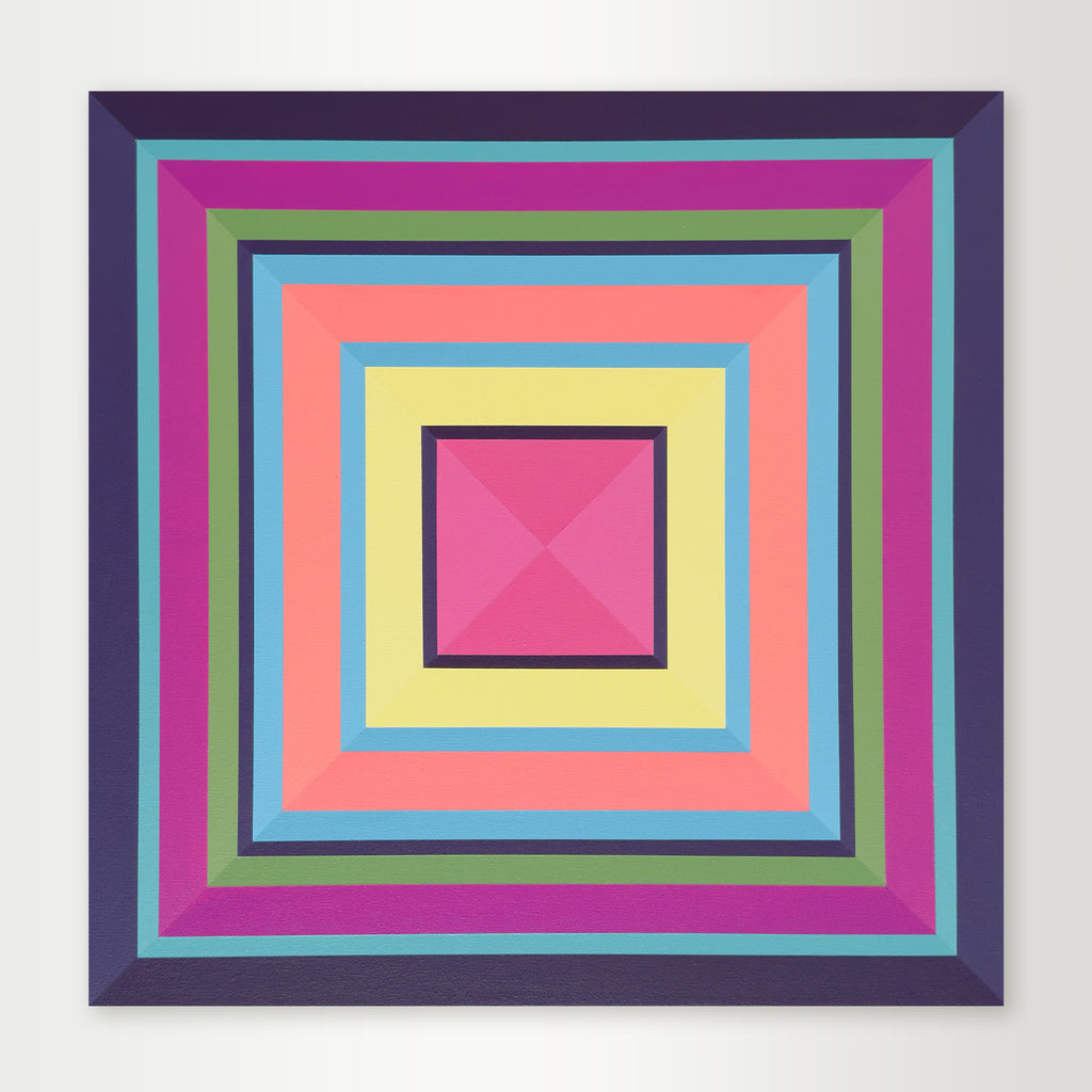 "Havana" - A vibrant hard-edge geometric abstract by Elena Alexander, featuring layered bands of pink, yellow, and turquoise that radiate with light.