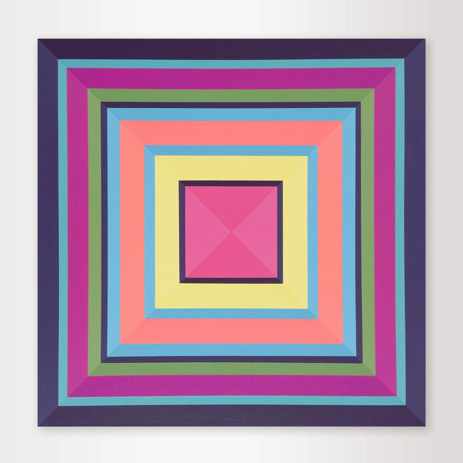 "Havana" - A vibrant hard-edge geometric abstract by Elena Alexander, featuring layered bands of pink, yellow, and turquoise that radiate with light.