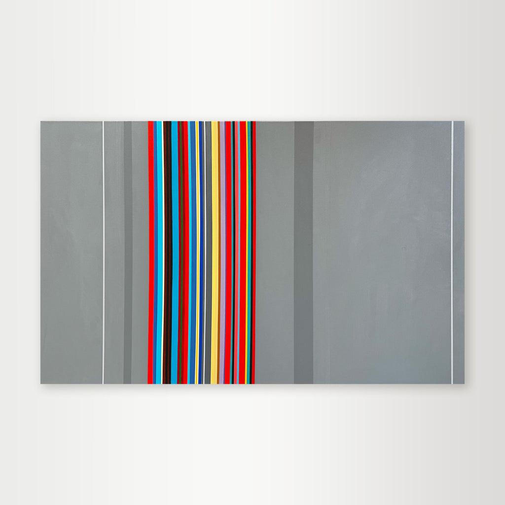 "Here-and-Now" - A minimalist hard-edge geometric abstract by Elena Alexander, featuring a serene pattern of vertical bars in a muted palette of grey, beige, and soft red.