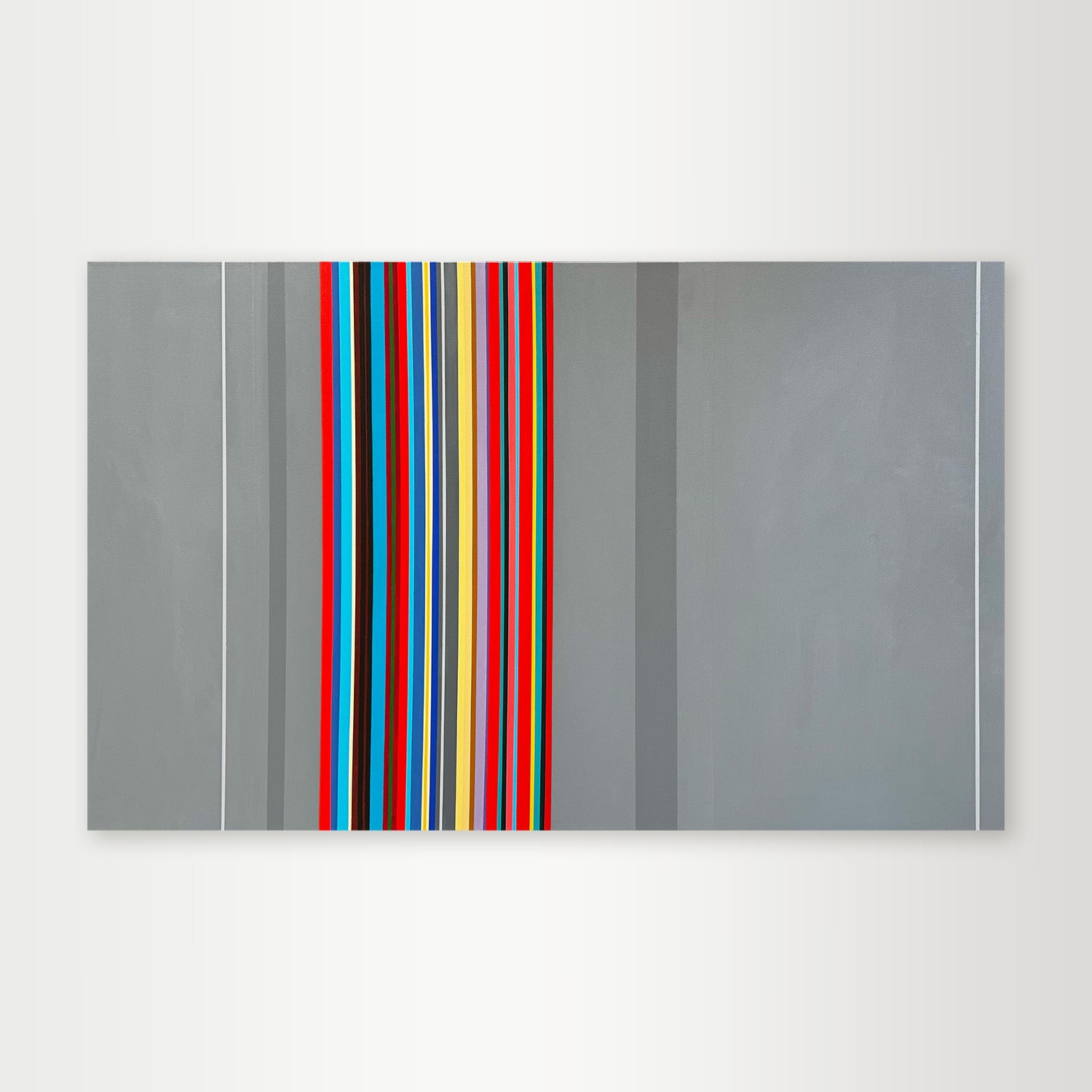 "Here-and-Now" - A minimalist hard-edge geometric abstract by Elena Alexander, featuring a serene pattern of vertical bars in a muted palette of grey, beige, and soft red.