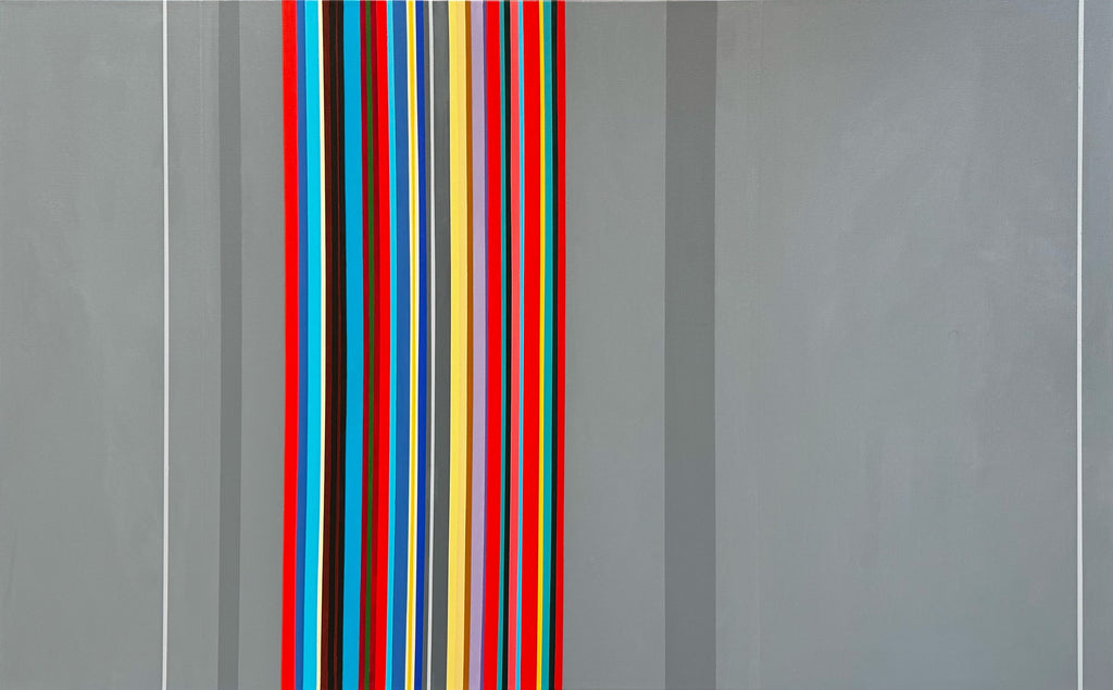 Hard-edge abstract painting ‘Here and Now’ by Elena Alexander, 48 x 30 inches, vertical stripes in bold color palette over layered gray background, geometric composition in acrylic on canvas.