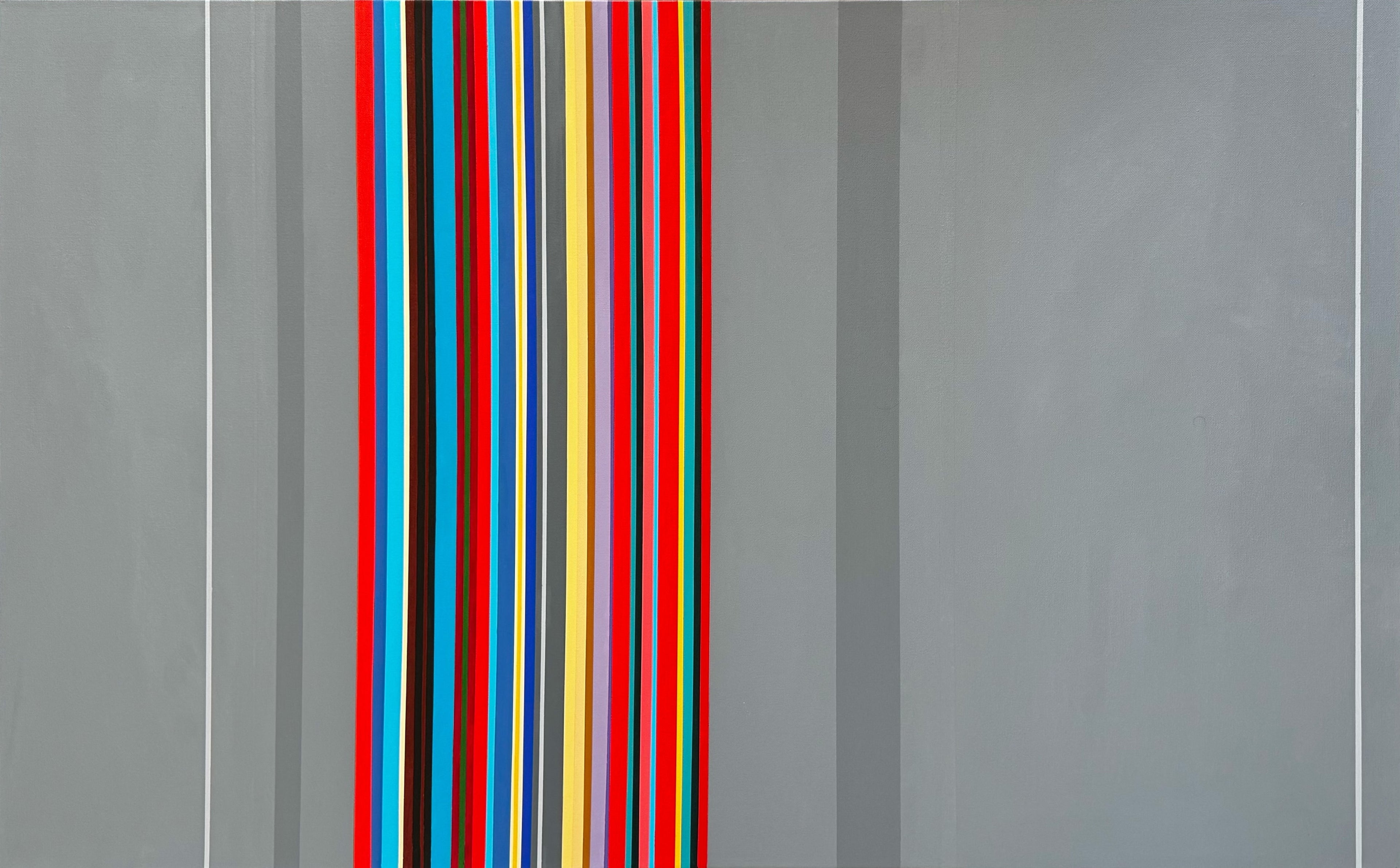 Hard-edge abstract painting ‘Here and Now’ by Elena Alexander, 48 x 30 inches, vertical stripes in bold color palette over layered gray background, geometric composition in acrylic on canvas.