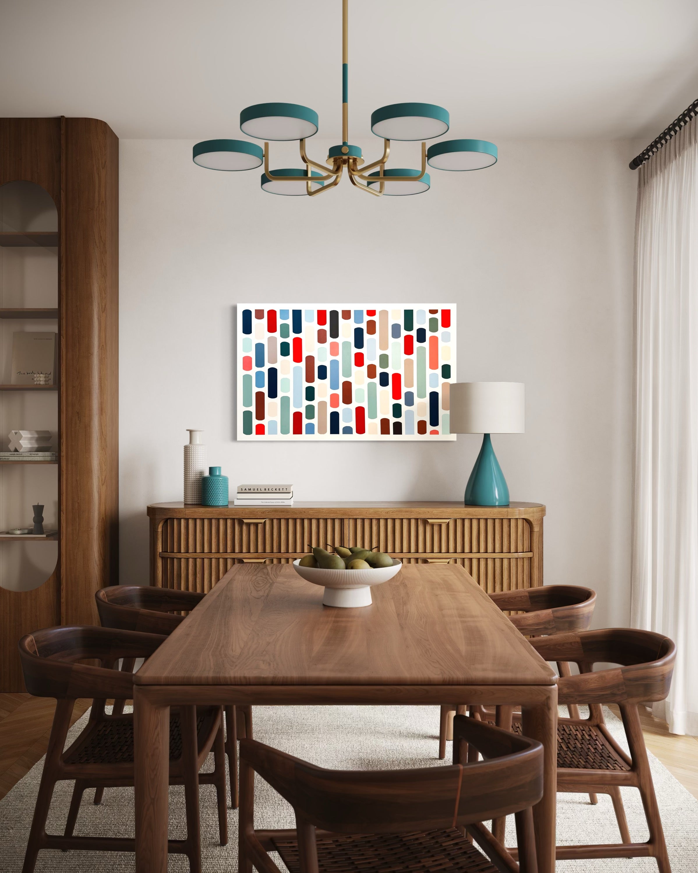 Dining room with wooden table, chairs, and a colorful abstract painting on the wall.
