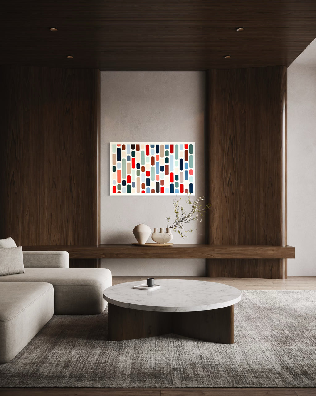 Modern living room with a abstract art piece on the wall
