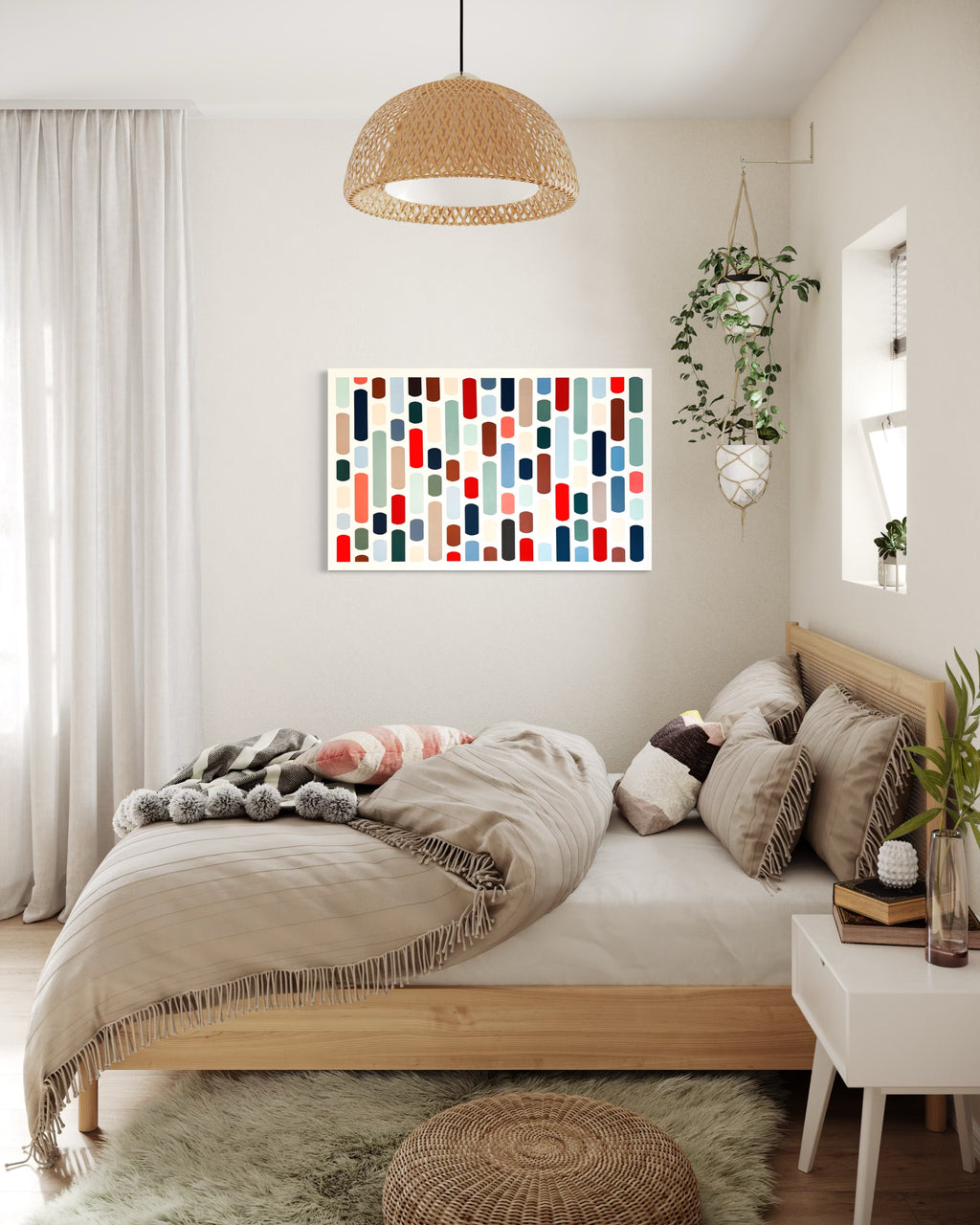 Modern bedroom with a colorful abstract wall art piece.