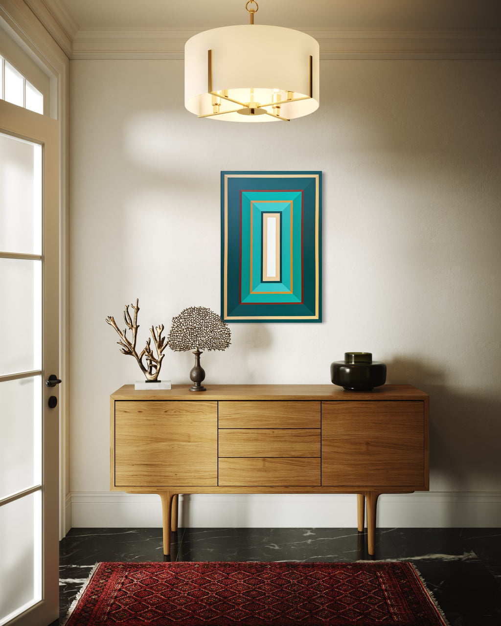 Wooden sideboard with decorative items and a framed artwork in a modern interior setting.