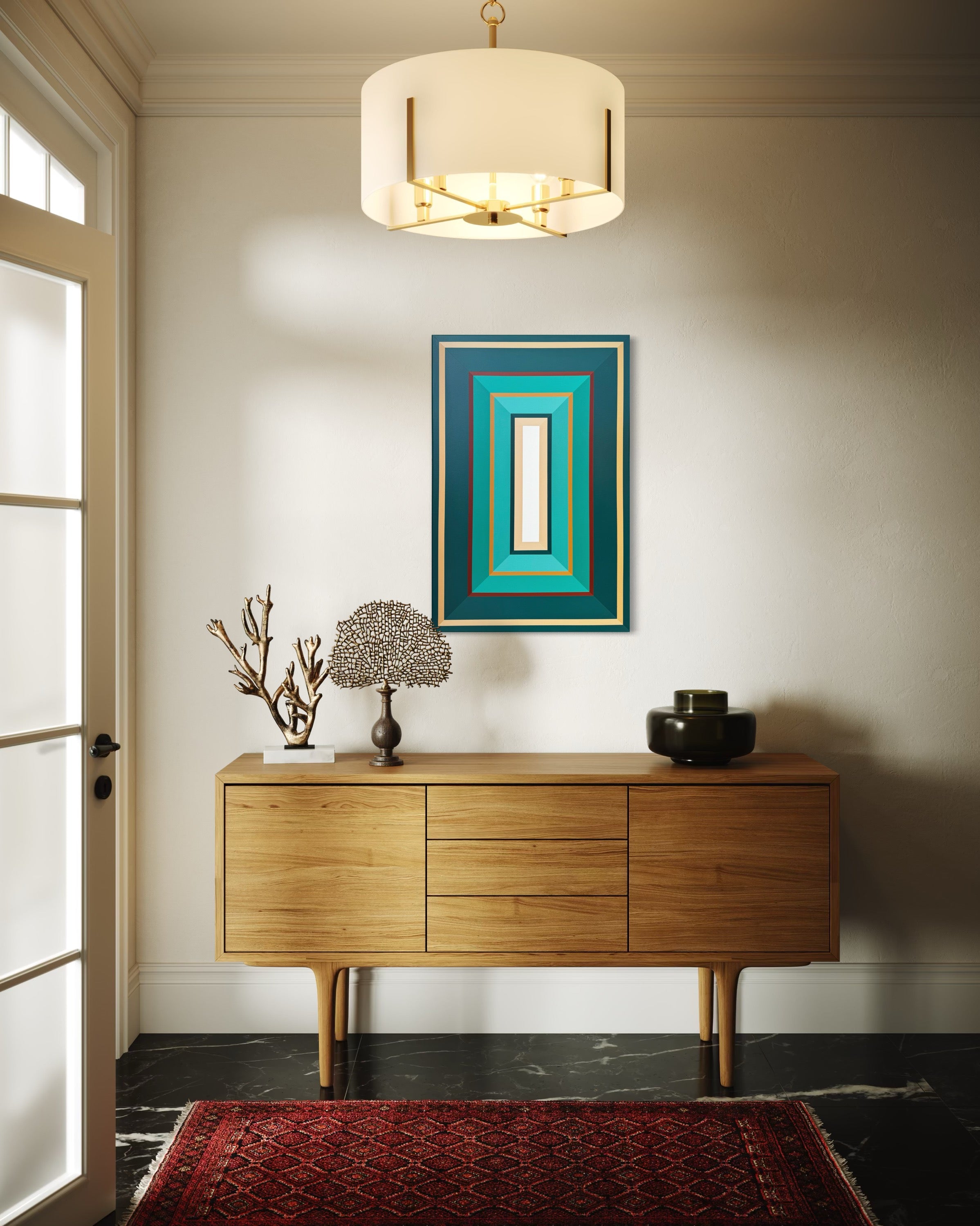 Wooden sideboard with decorative items and a framed artwork in a modern interior setting.