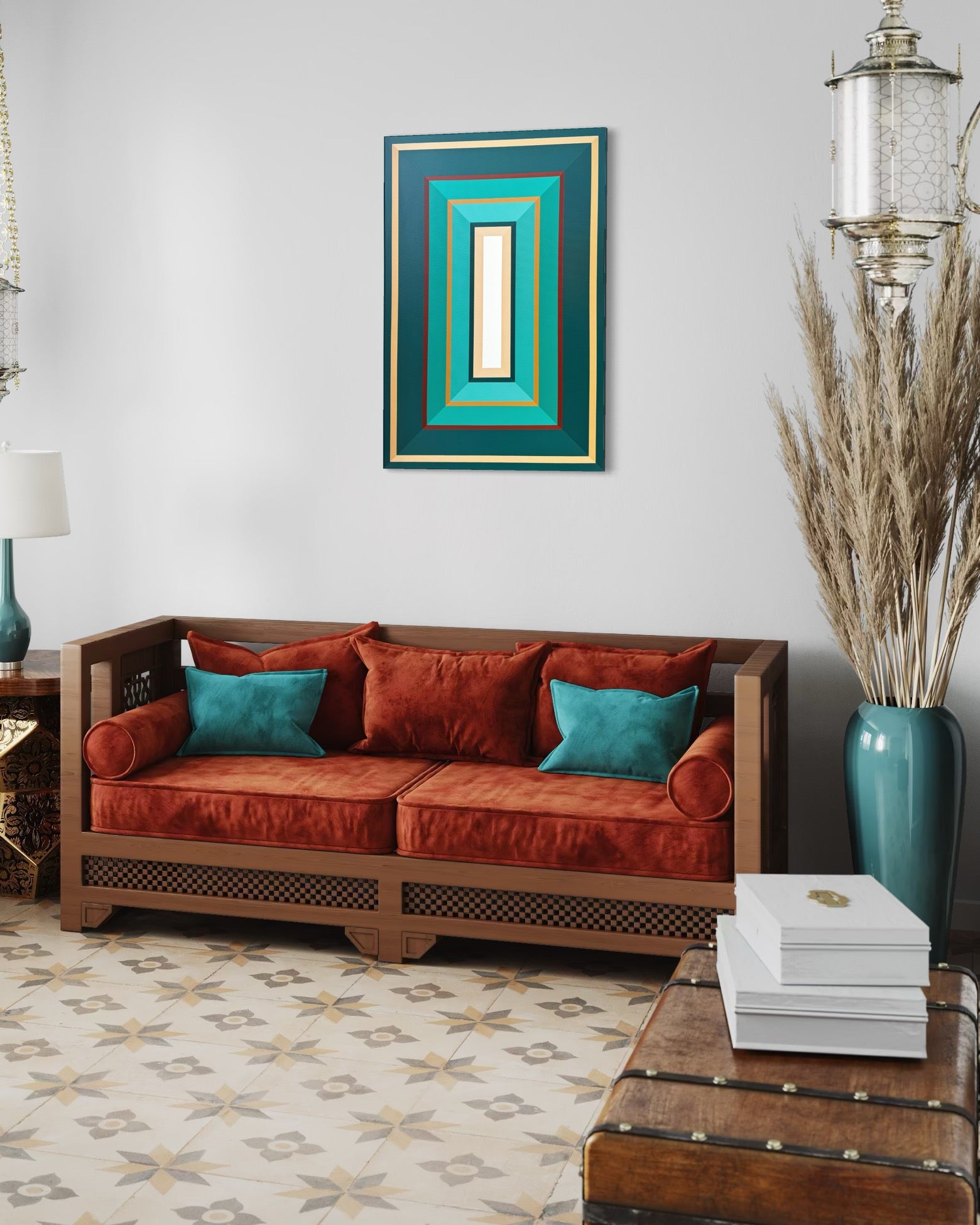 Living room with a red sofa, teal cushions, and decorative wall art.