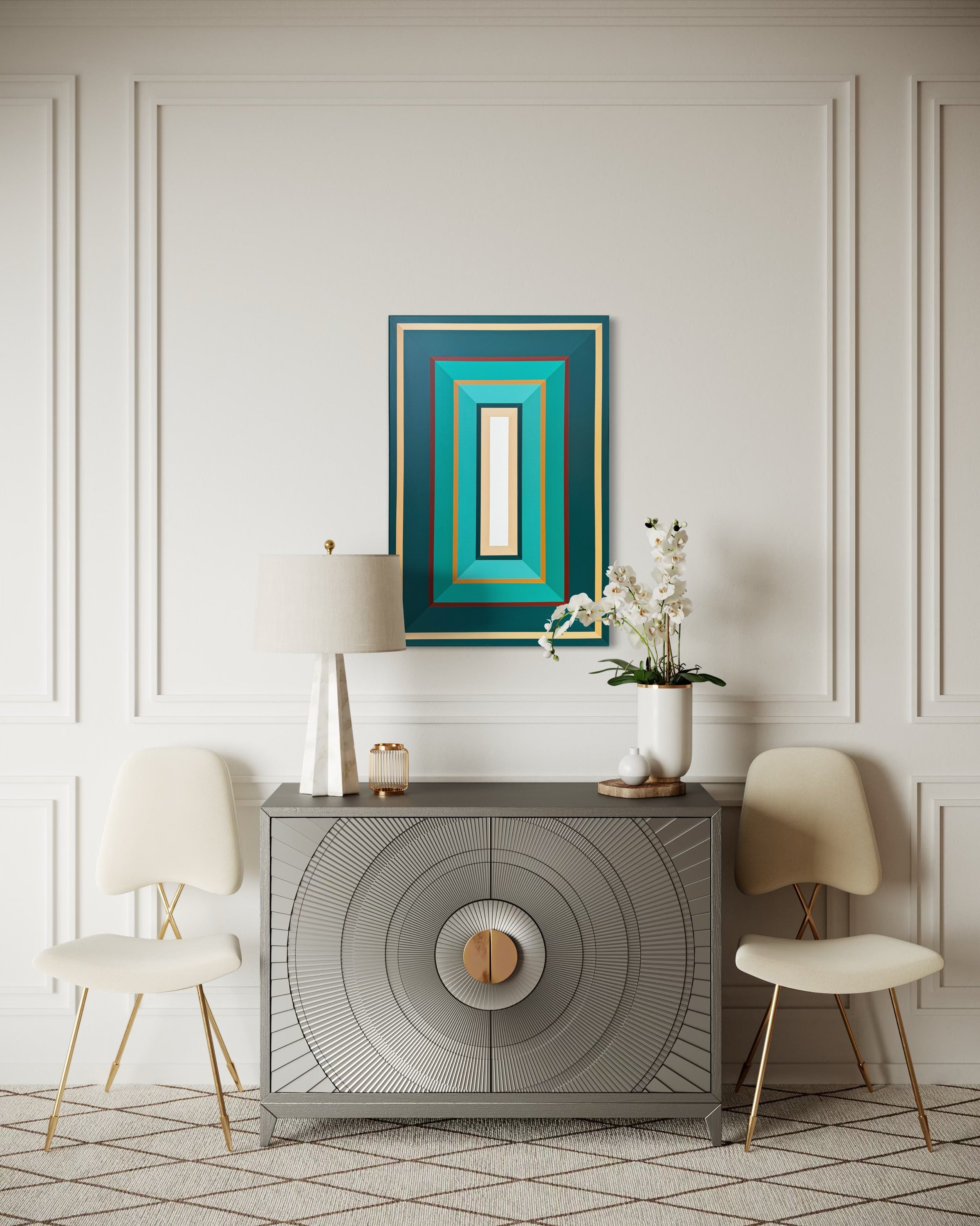 Modern interior with a console table, chairs, and decorative items against a paneled wall.