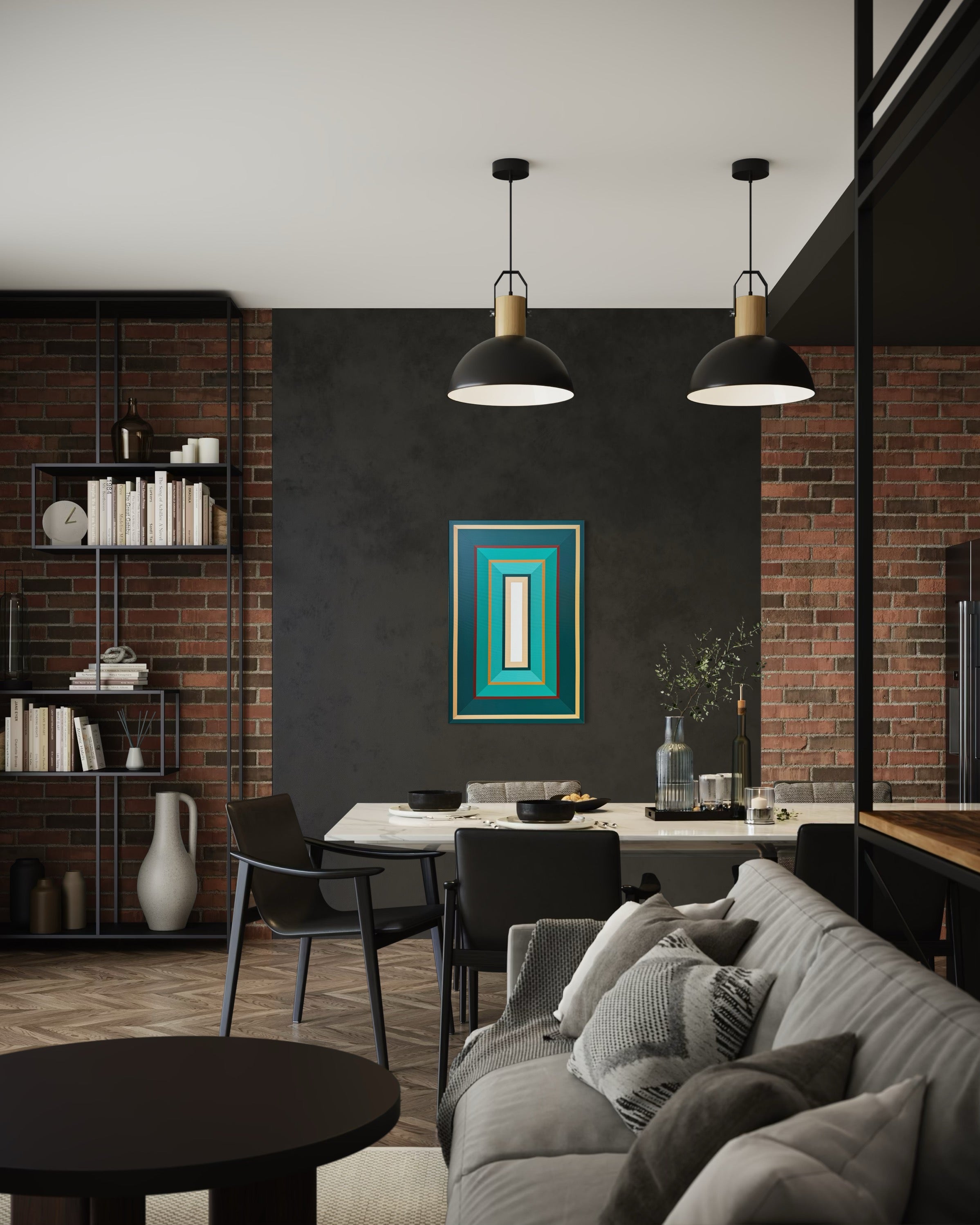 Modern living room with gray sofa, dining table, and decorative elements.