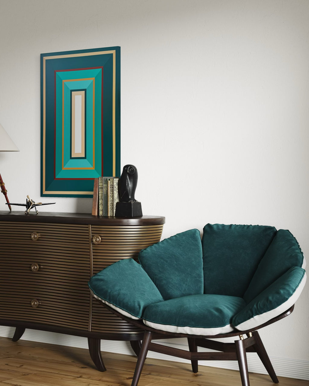 Teal chair in a room with a dresser and  "Emerald-Whispers" - A rich hard-edge geometric abstract by Elena Alexander