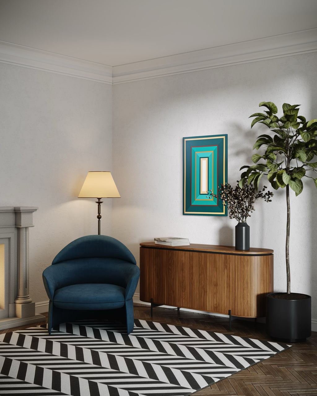 Modern living room with a blue armchair, wooden cabinet, and decorative elements.