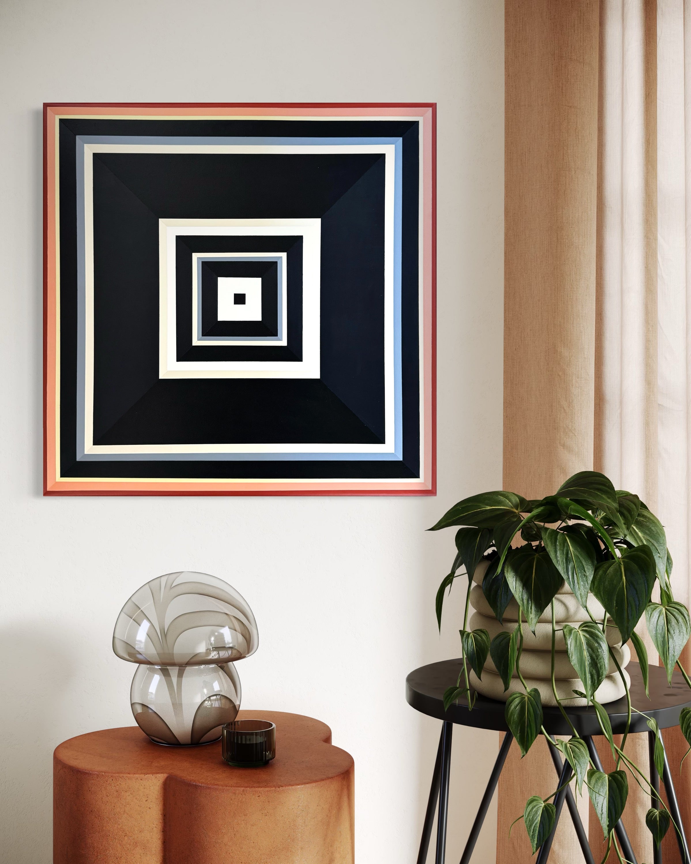 The "Black-and-Peach" painting styled in a bright, modern space next to green houseplants, creating a calm and balanced atmosphere.
