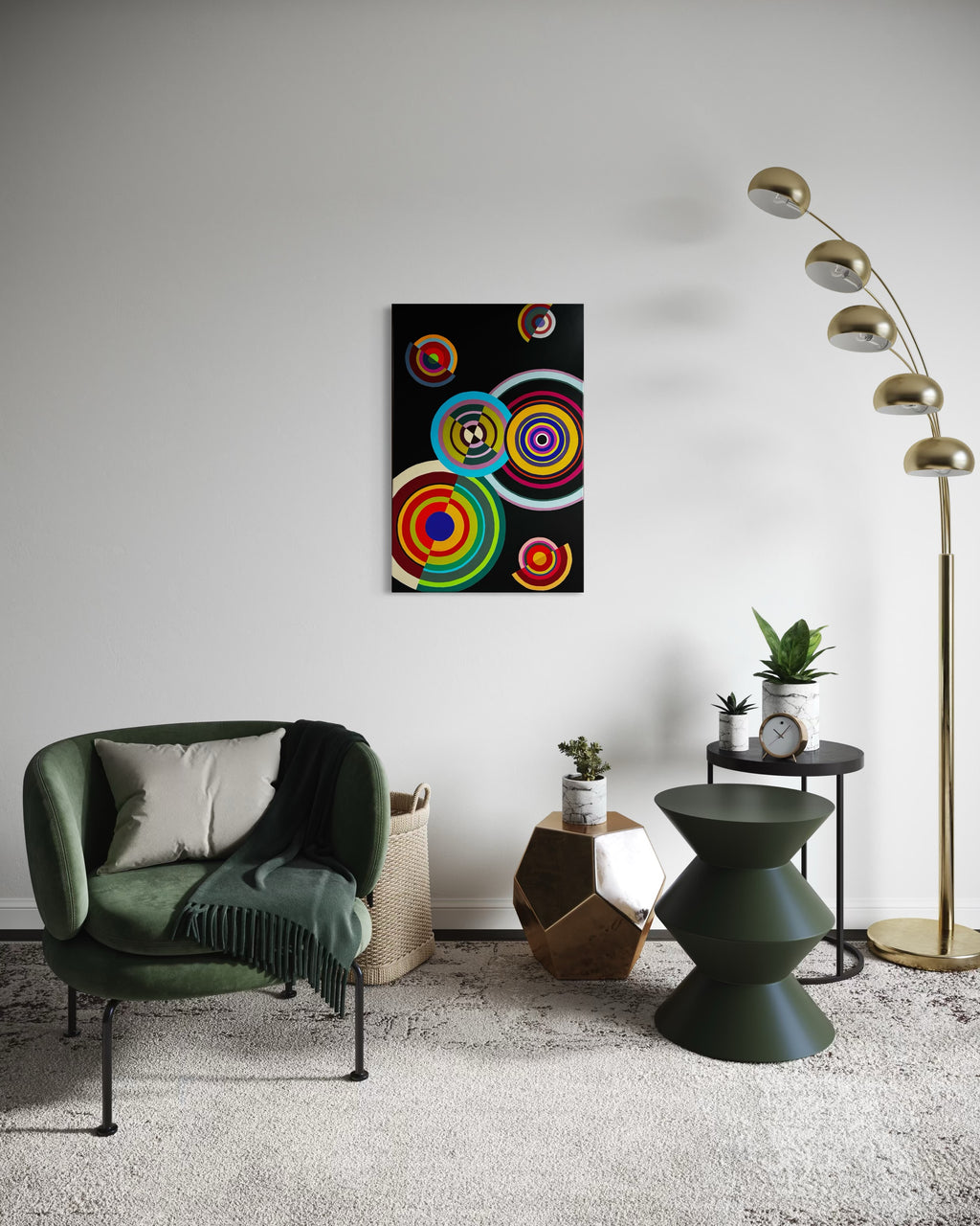 Modern living room with a green armchair, colorful abstract painting, and decorative items.