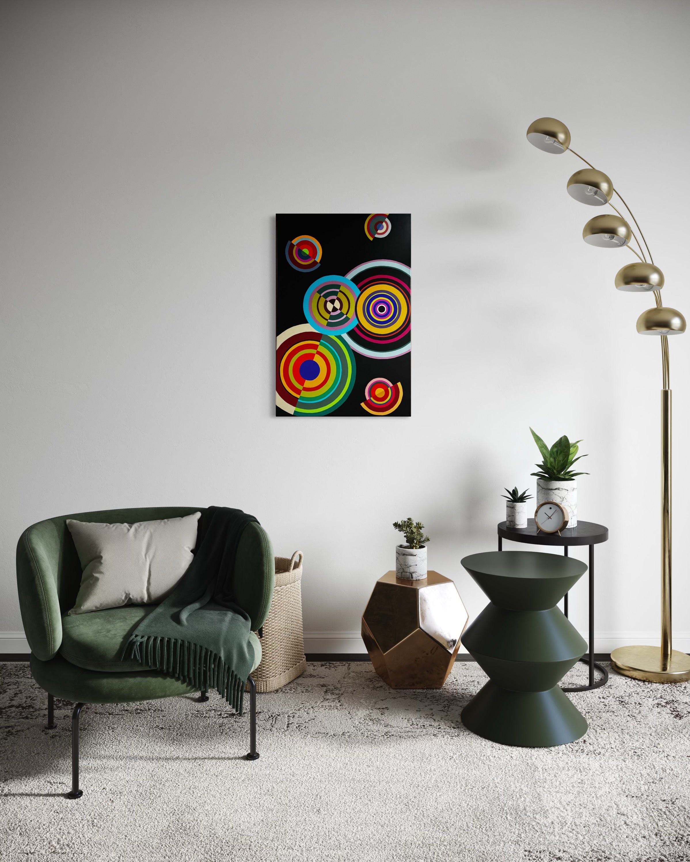 Modern living room with a green armchair, colorful abstract painting, and decorative items.