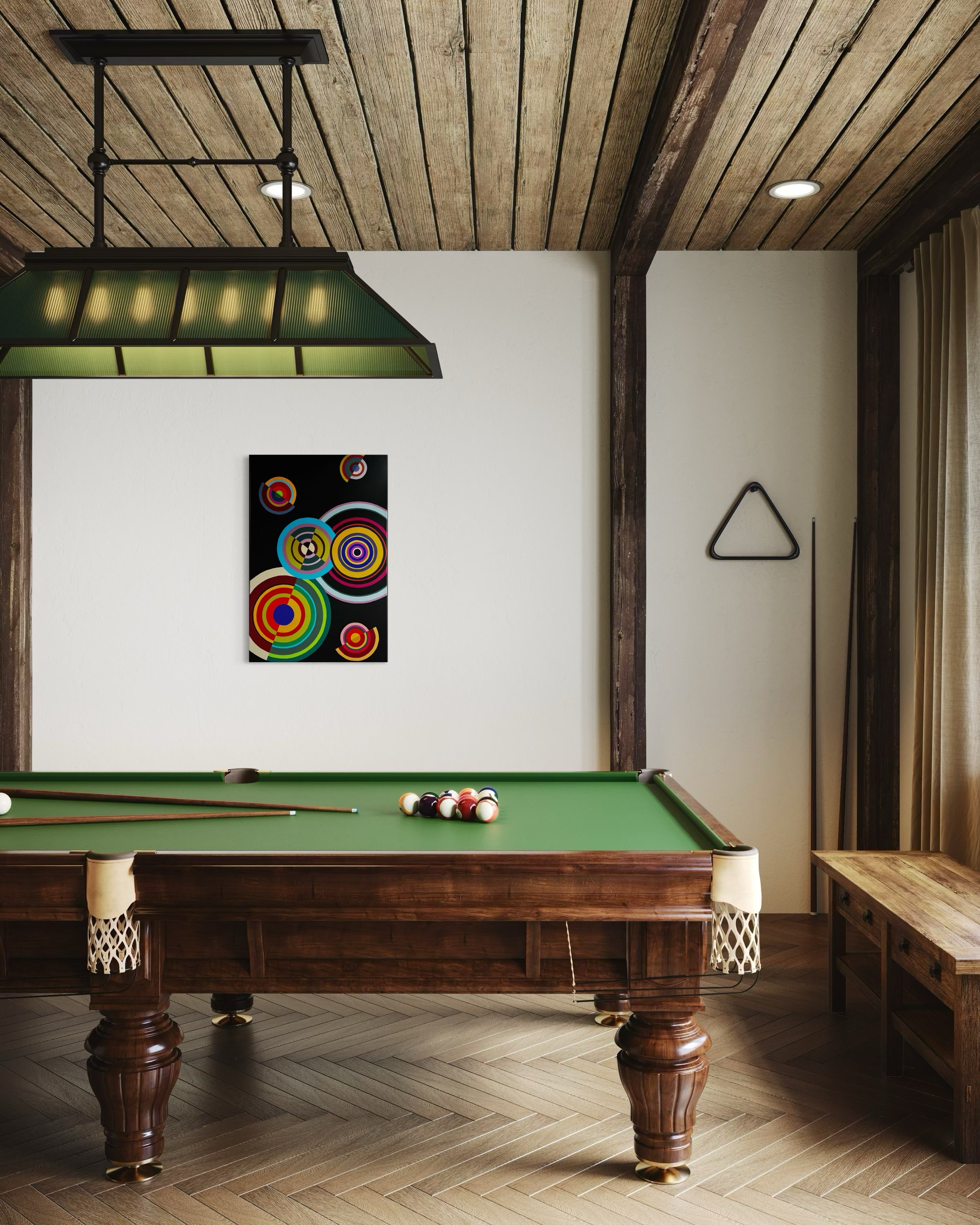 Billiard room with a pool table, colorful abstract painting on the wall, and wooden ceiling.