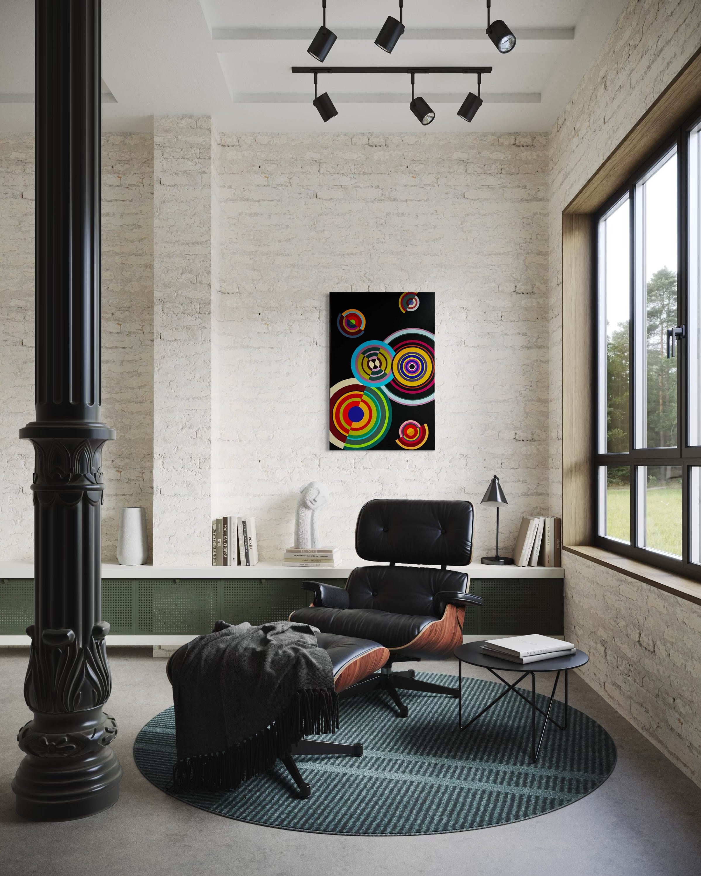 Modern interior with a black chair, colorful abstract painting, and large window.