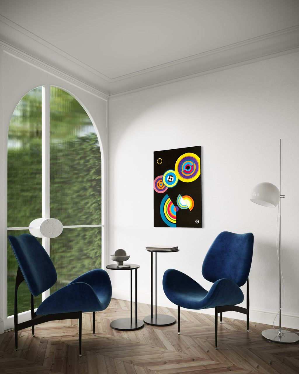 Modern interior with blue chairs, a colorful abstract painting, and a large window.