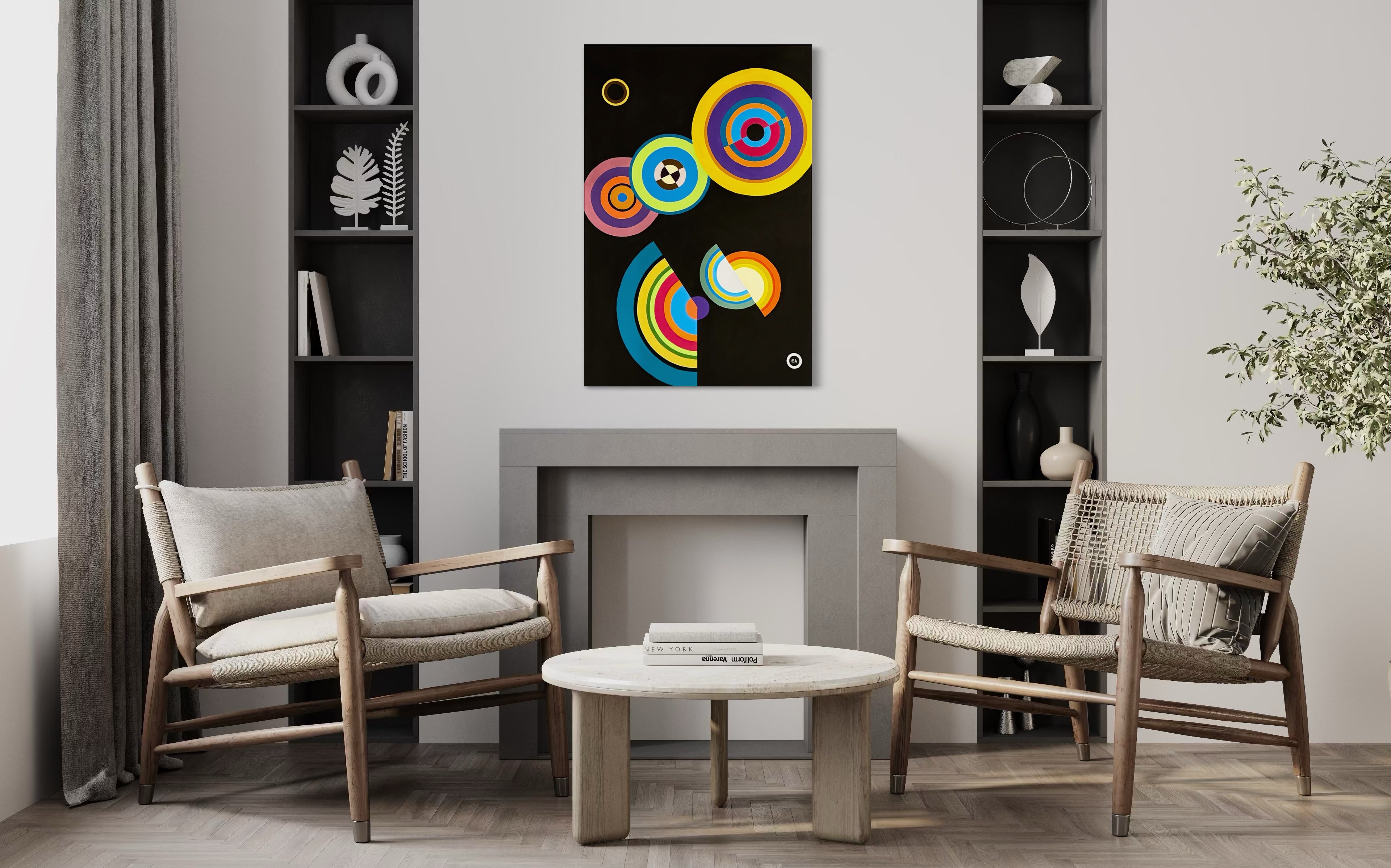 Colorful abstract painting on a wall in a modern living room.