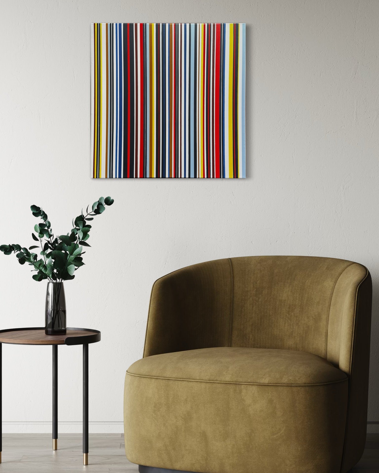Brown armchair in a room with a colorful striped painting on the wall.