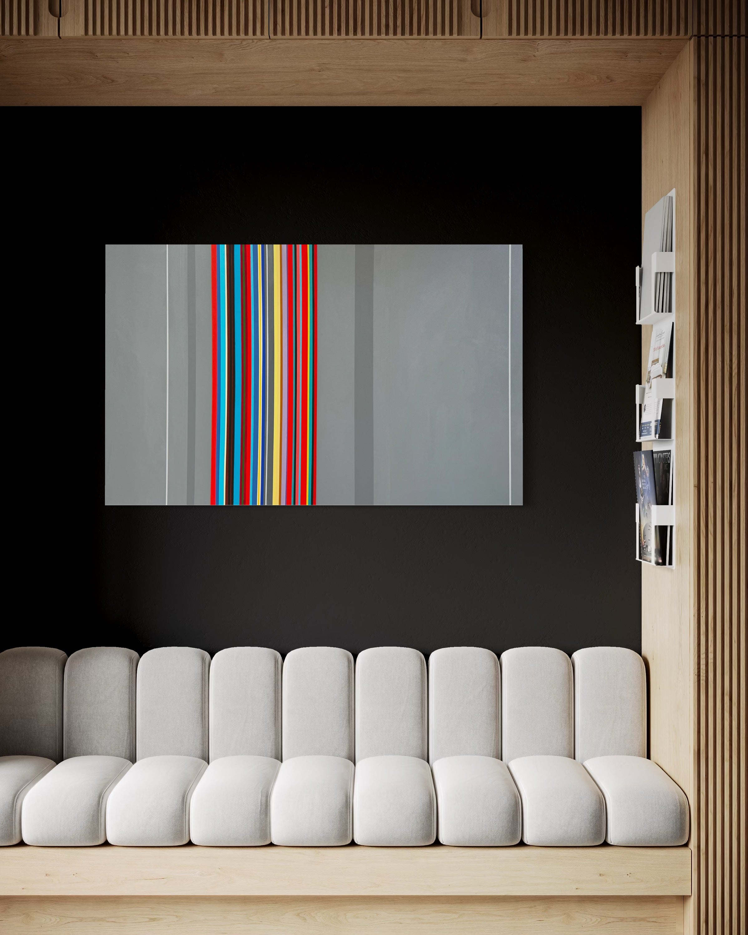 Modern interior with a white sofa, abstract art on the wall, and a black background.