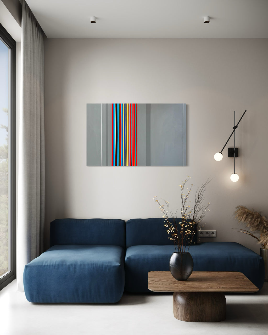 Modern living room with a blue sofa, wooden coffee table, and abstract art on the wall.
