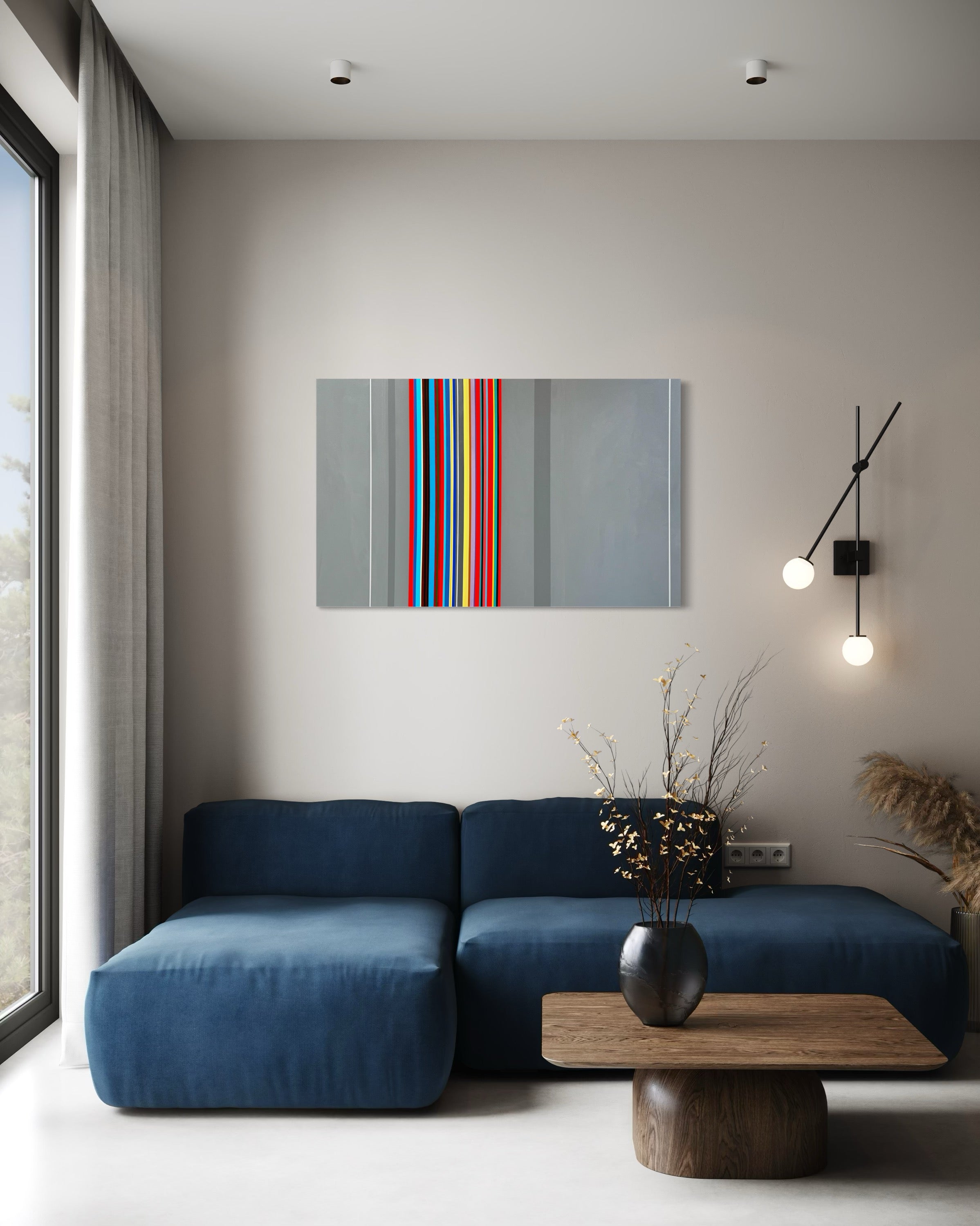 Modern living room with a blue sofa, wooden coffee table, and abstract art on the wall.