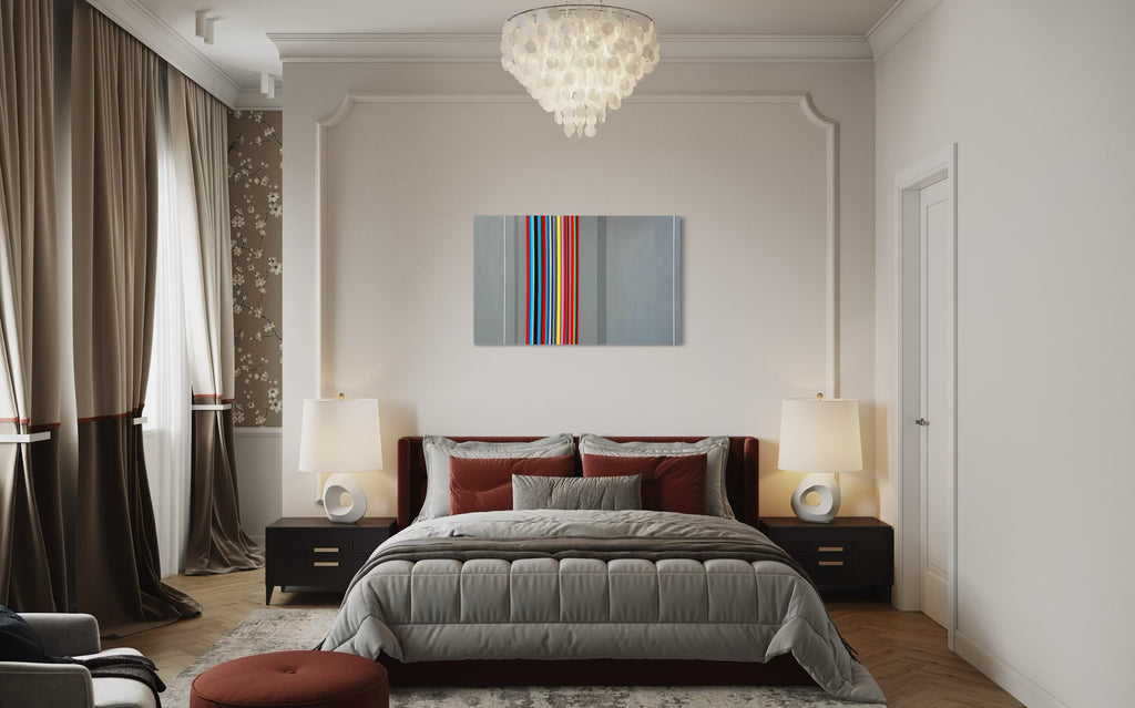 Modern bedroom with a bed, nightstands, lamps, and a colorful abstract painting on the wall.