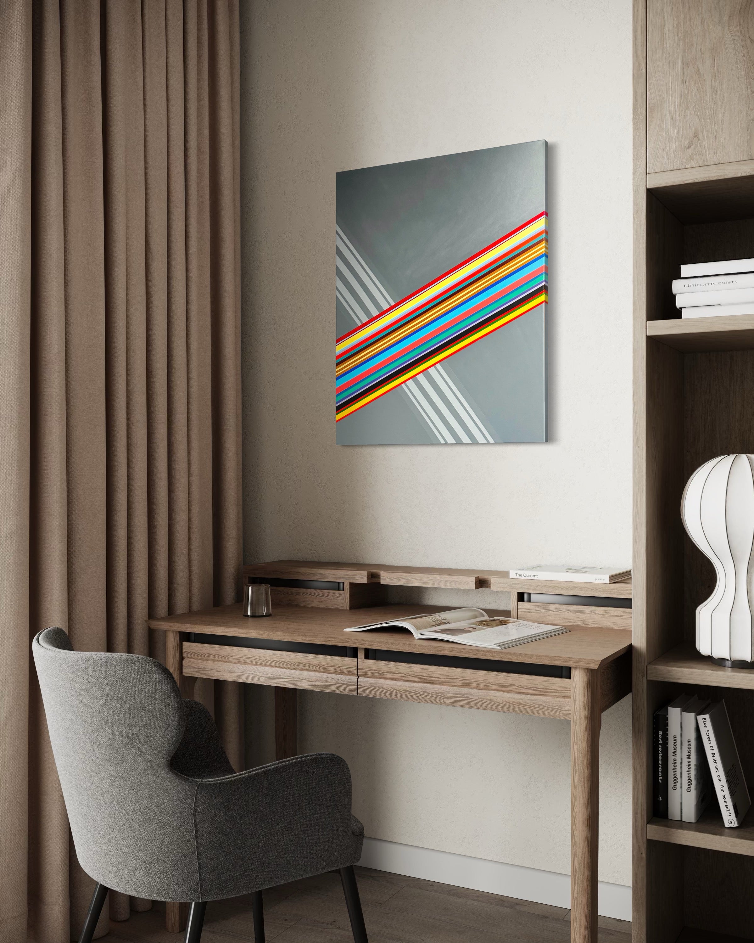 Modern home office with a desk, chair, and colorful abstract painting on the wall.