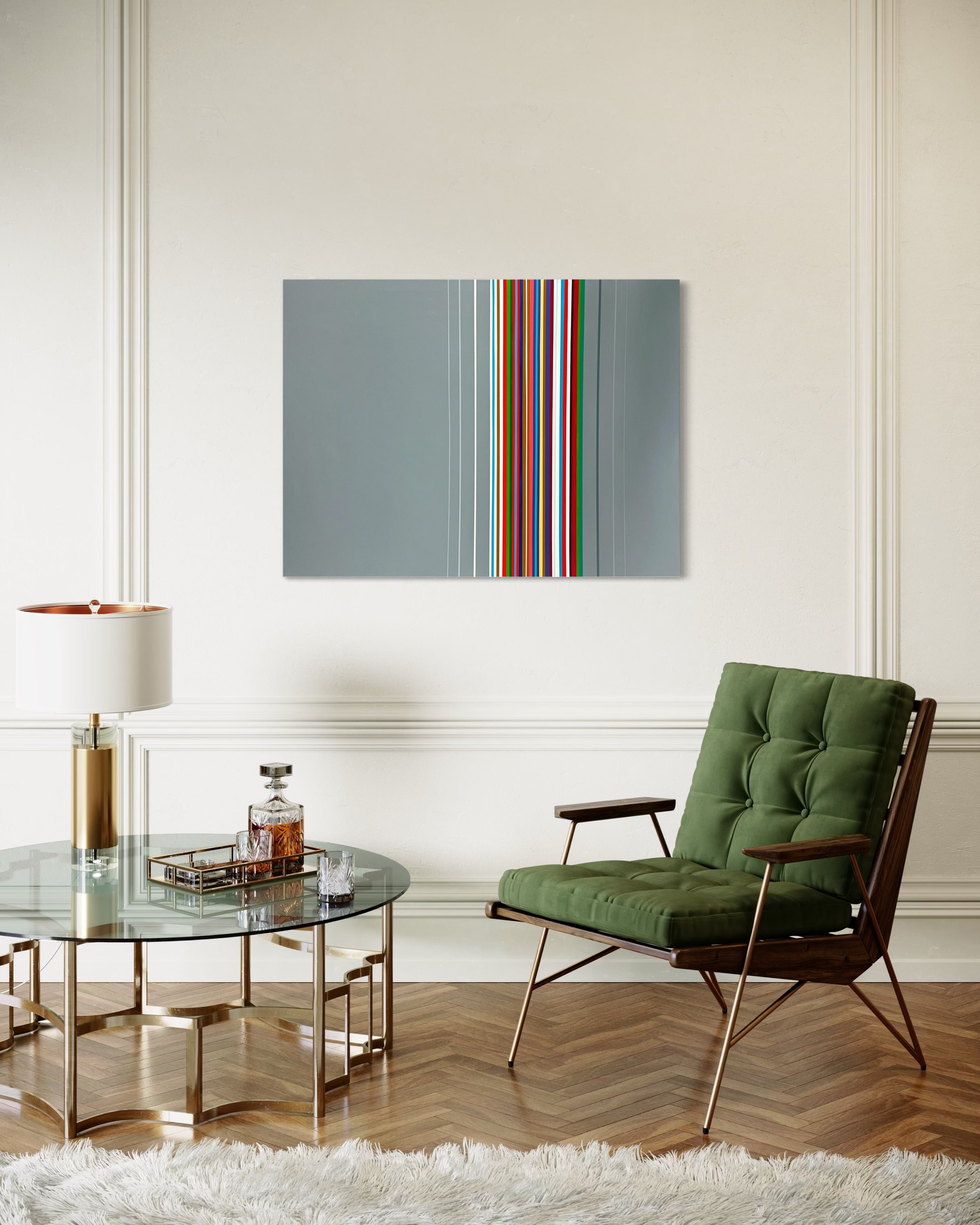 Modern living room with a green chair, glass table, and abstract painting on the wall.