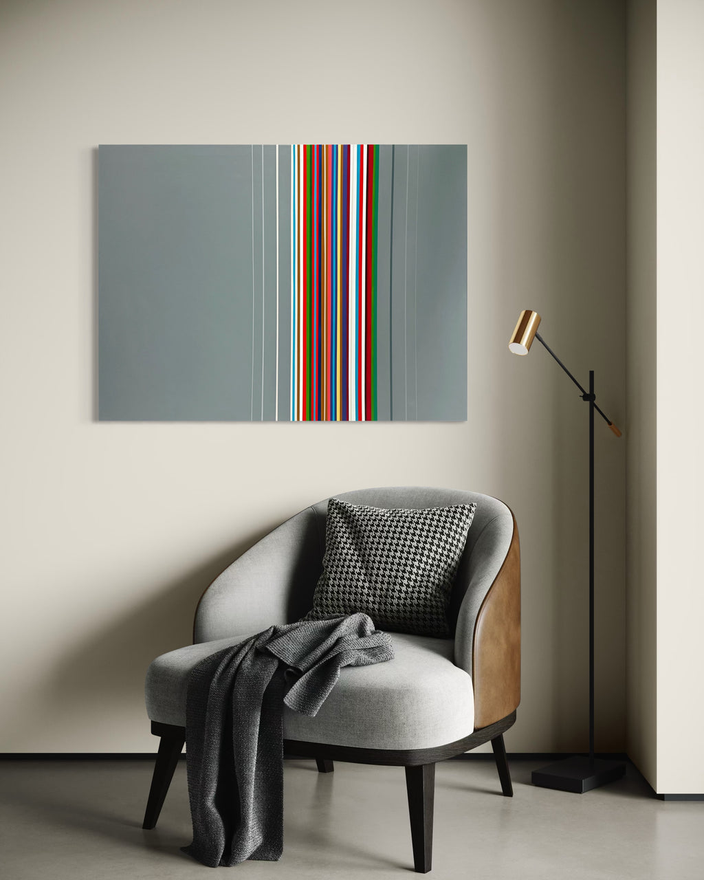 Modern interior with a chair, lamp, and abstract art on the wall.
