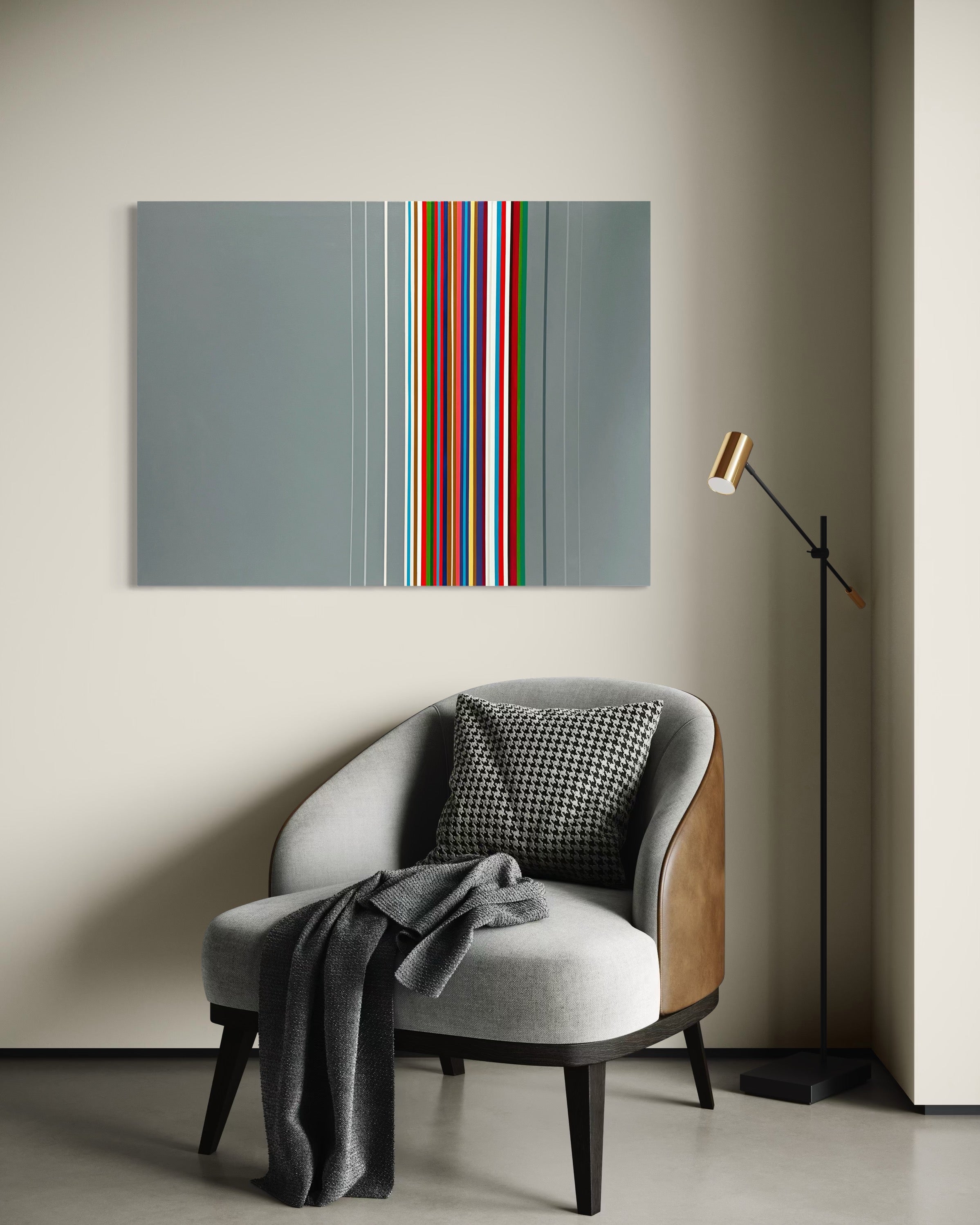Modern interior with a chair, lamp, and abstract art on the wall.