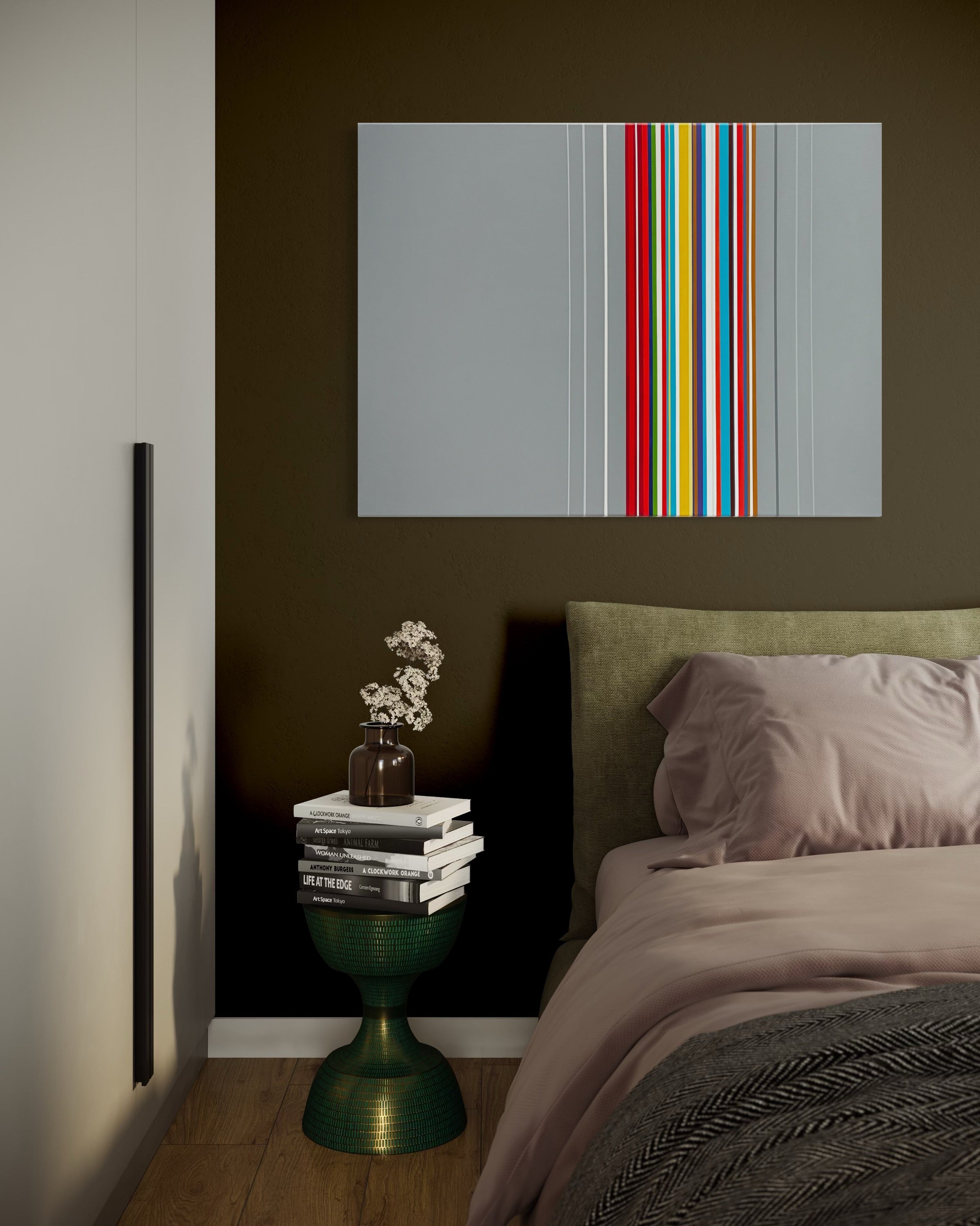Bedroom with a abstract painting on the wall, a nightstand with books and a vase, and a bed with pillows.