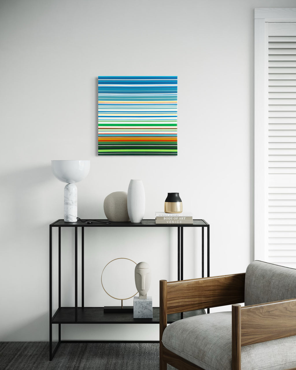 Modern interior with a console table and abstract painting on the wall